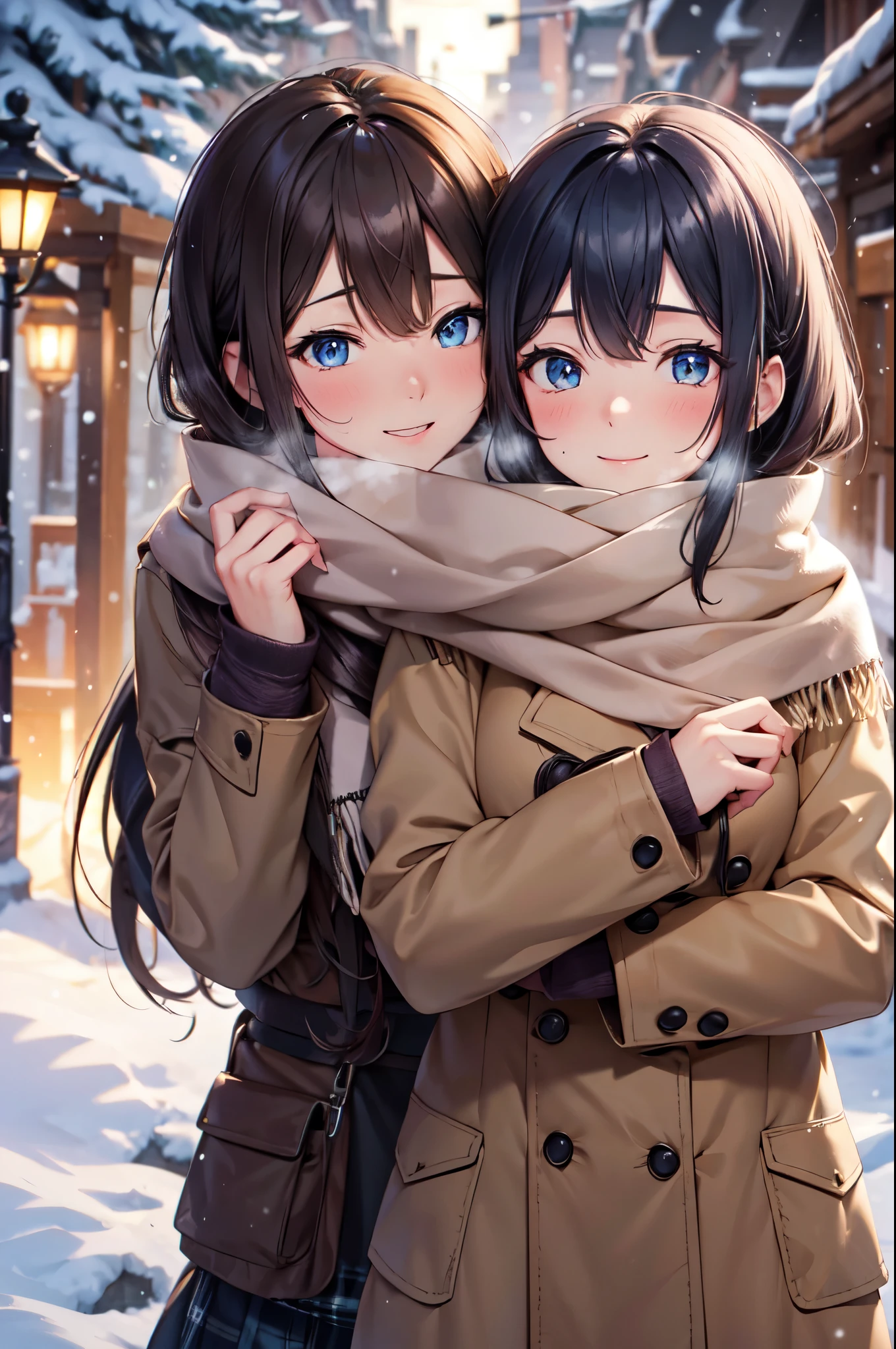 (High quality, High resolution, Fine details), (snowing), (shared_scarf:1.3), (One scarf wrapped around two people:1.3), curvy women, sparkling eyes, (Detailed eyes:1.2), smile, blush, Sweat, Oily skin, shallow depth of field
