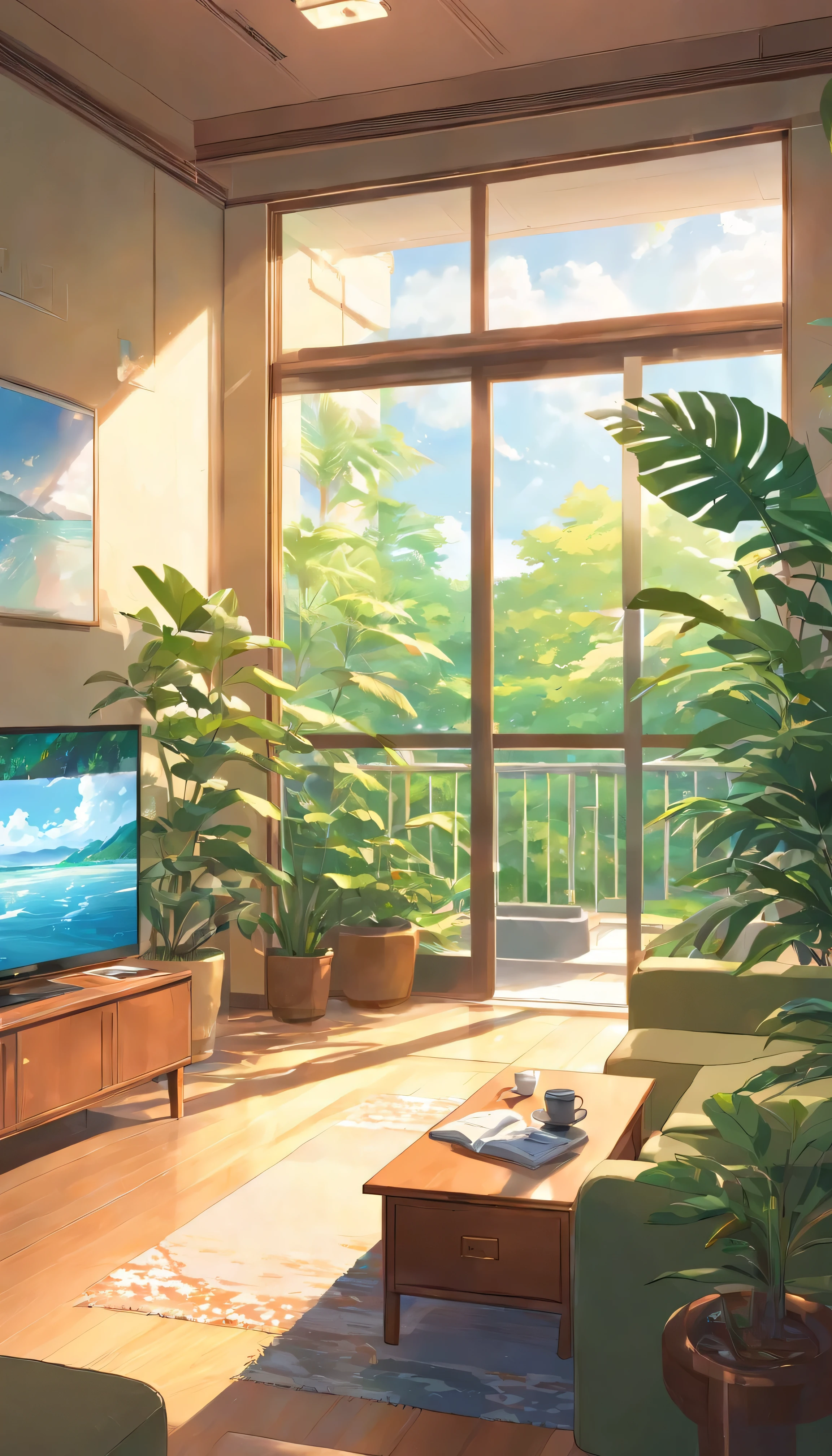 Spacious and bright living room，The background is an open door，Next to it is a cabinet，coffee table，A pot of monstera，wooden floor，backlight，Center the composition，from outside，unmanned(1.2)，Modern décor