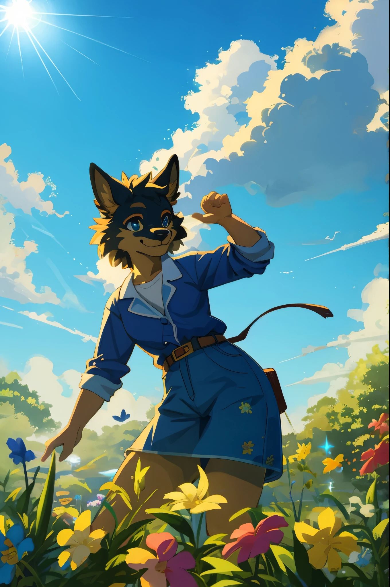 1980 VHS poster art for a Vice City inspired movie, top quality, highres, High-quality illustrations, unparalleled masterpiece(movie of life)nature inspired imagery, rendered in maya, romanticized views, lively illustrations, hyper realistic, whimsical cartoonish, farm, Blue sky, clouds, florals Beautiful garden(furry anthro, solo, girl, casual fashion, Relux pose, Smile)absurdres, perfect anatomy, caustics, cinematic lighting, lens flare, deep shadow, dynamic angle,