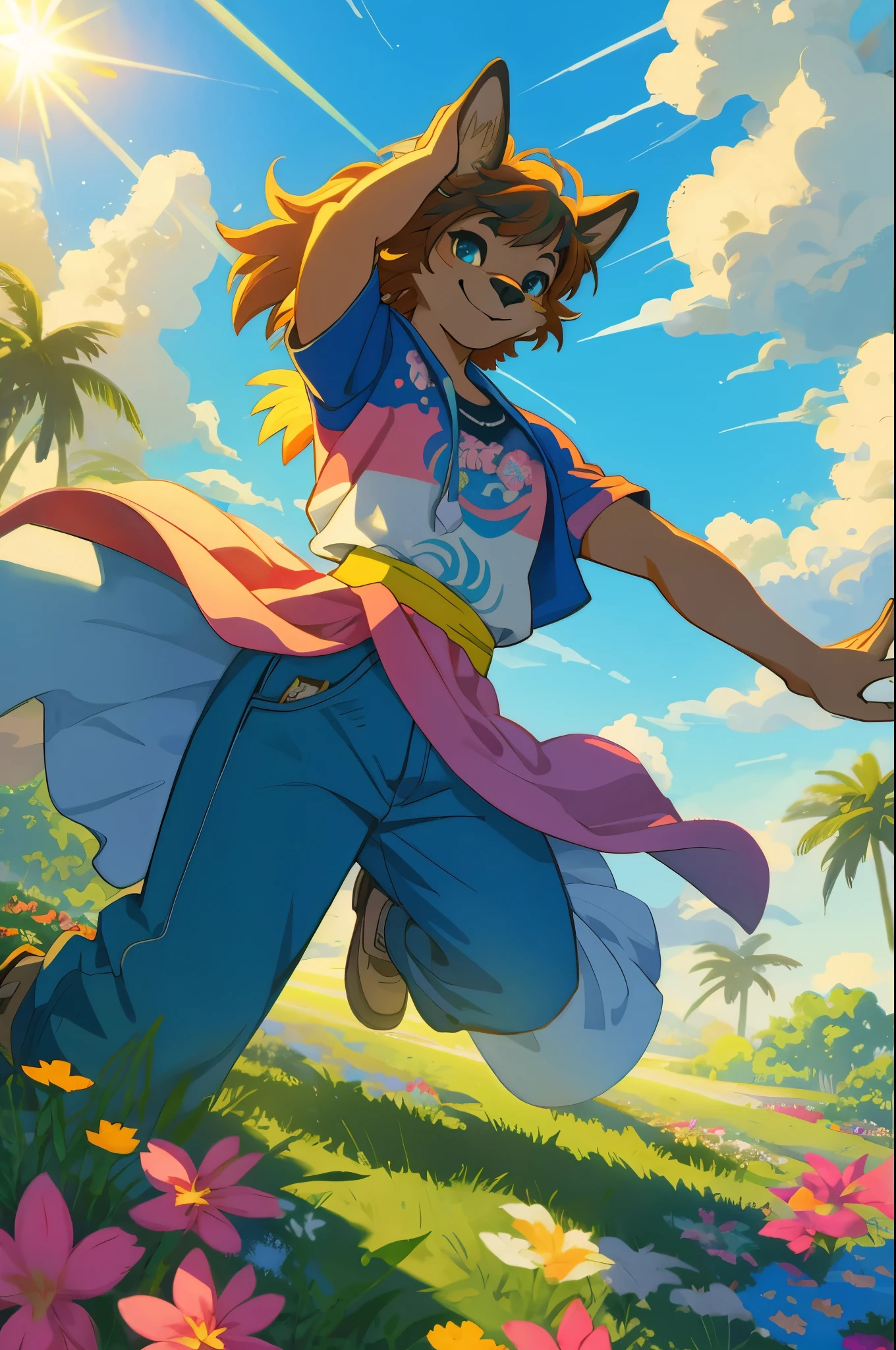 1980 VHS poster art for a Vice City inspired movie, top quality, highres, High-quality illustrations, unparalleled masterpiece(movie of life)nature inspired imagery, rendered in maya, romanticized views, lively illustrations, hyper realistic, whimsical cartoonish, farm, Blue sky, clouds, florals Beautiful garden(furry anthro, solo, girl, casual fashion, Relux pose, Smile)absurdres, perfect anatomy, caustics, cinematic lighting, lens flare, deep shadow, dynamic angle,