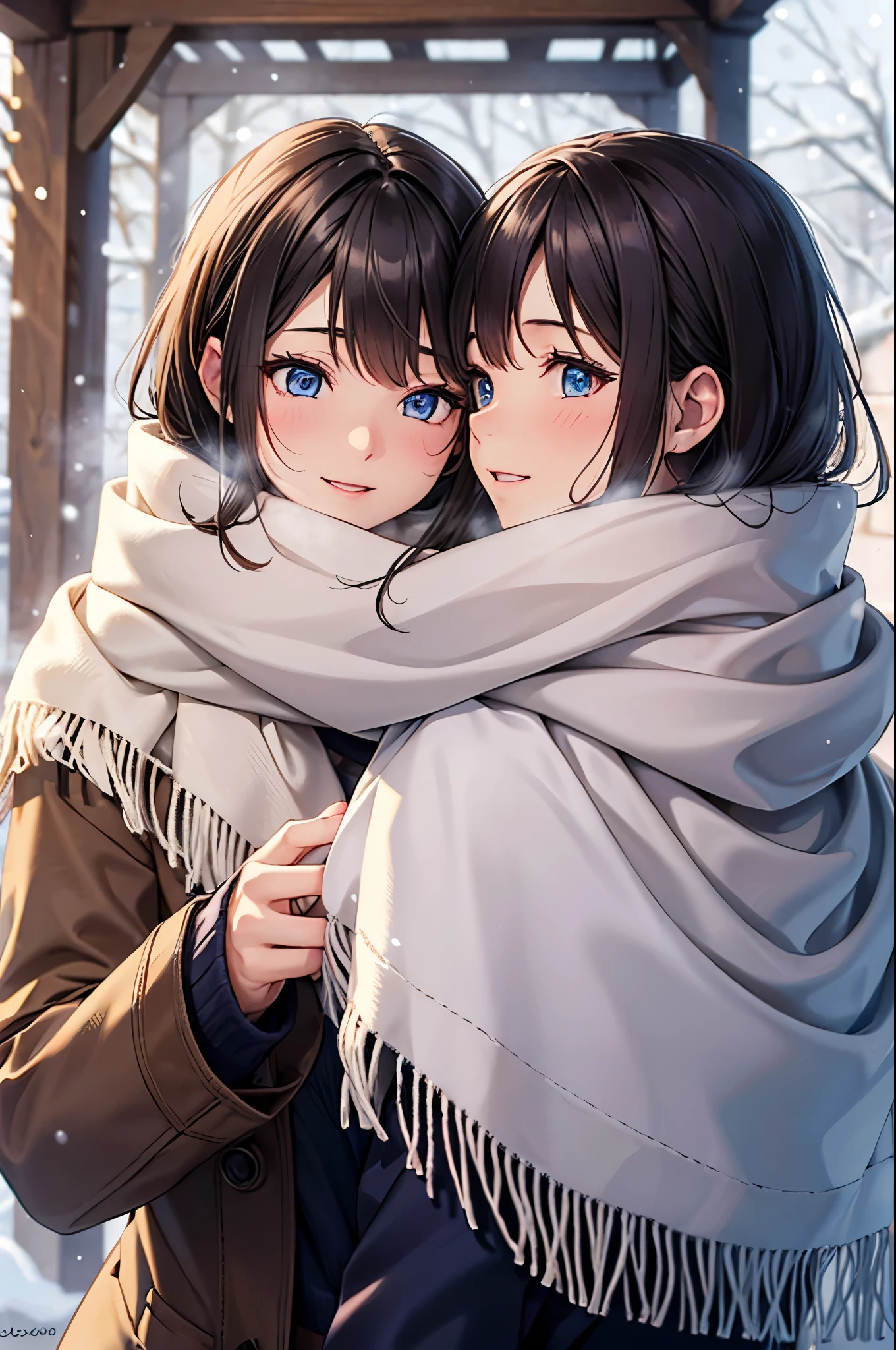 (High quality, High resolution, Fine details), (snowing), (shared_scarf:1.3), (One scarf wrapped around two people:1.3), curvy women, sparkling eyes, (Detailed eyes:1.2), smile, blush, Sweat, Oily skin, shallow depth of field
