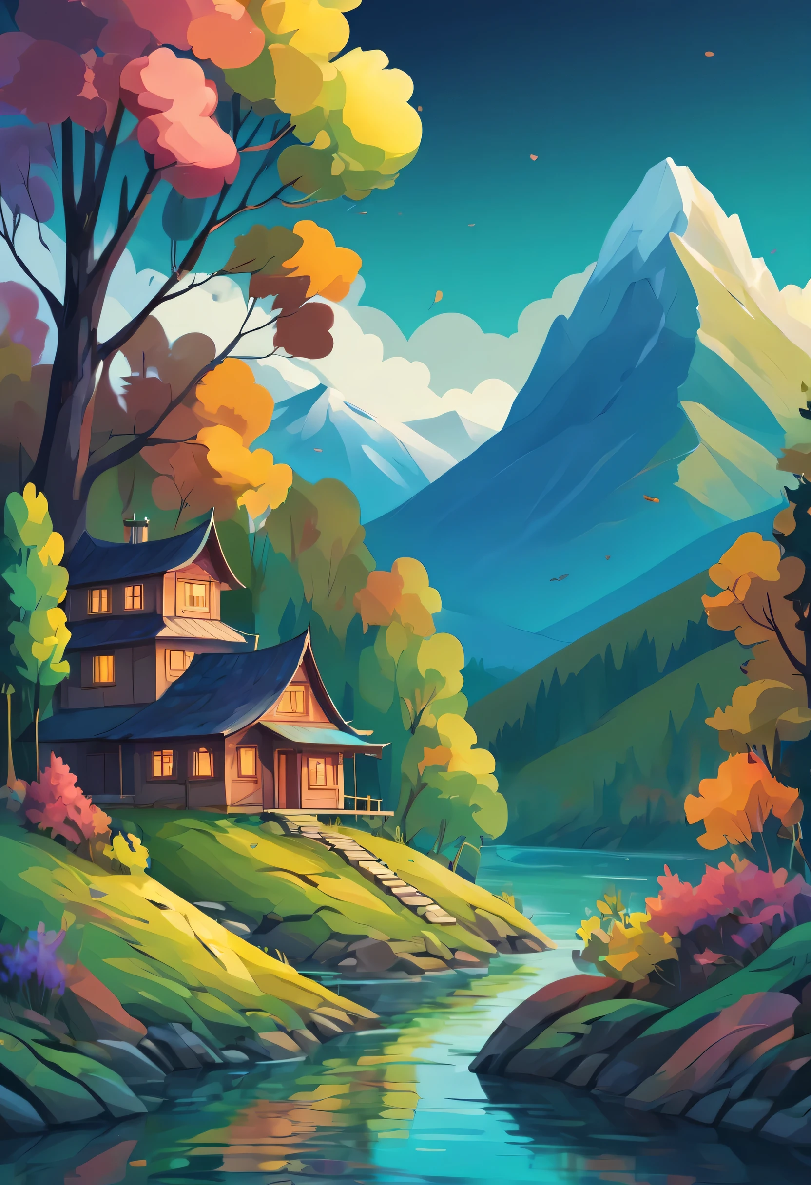 Abstract style forest, mountain, river, house . Non-representational, colors and shapes, expression of feelings, imaginative, highly detailed