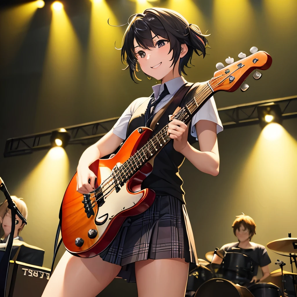 ロックバンドperformance, a lot of spectators, enthusiasm, trio of guitar, bass and drums, high school student, 18-year-old, Backlight, Dynamic and energetic live performance, performance, bright, smile, Spotlight, light effects