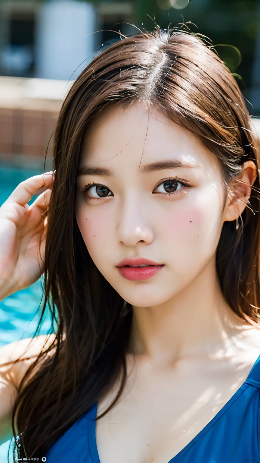 8k, RAW photo, highest quality, masterpiece: 1.2), super detailed, super resolution, (genuine, genuine photos: 1.37), portrait, High-definition RAW color photo, professional photos, very detailed and beautiful, very detailed, 8k wallpaper, amazing details, huge file size, official art, highly detailed CG Unity 8k wallpaper, Highly detailed beautiful girl, highly detailed face, very fine eyes, very detailed skin, very detailed fingers, very detailed nose, very detailed mouth with very beautiful face and eyes, ((whole body)), huge breasts, (: 1.23), cute core, high school girl, korean girl,swimsuit、pool, swim、cute