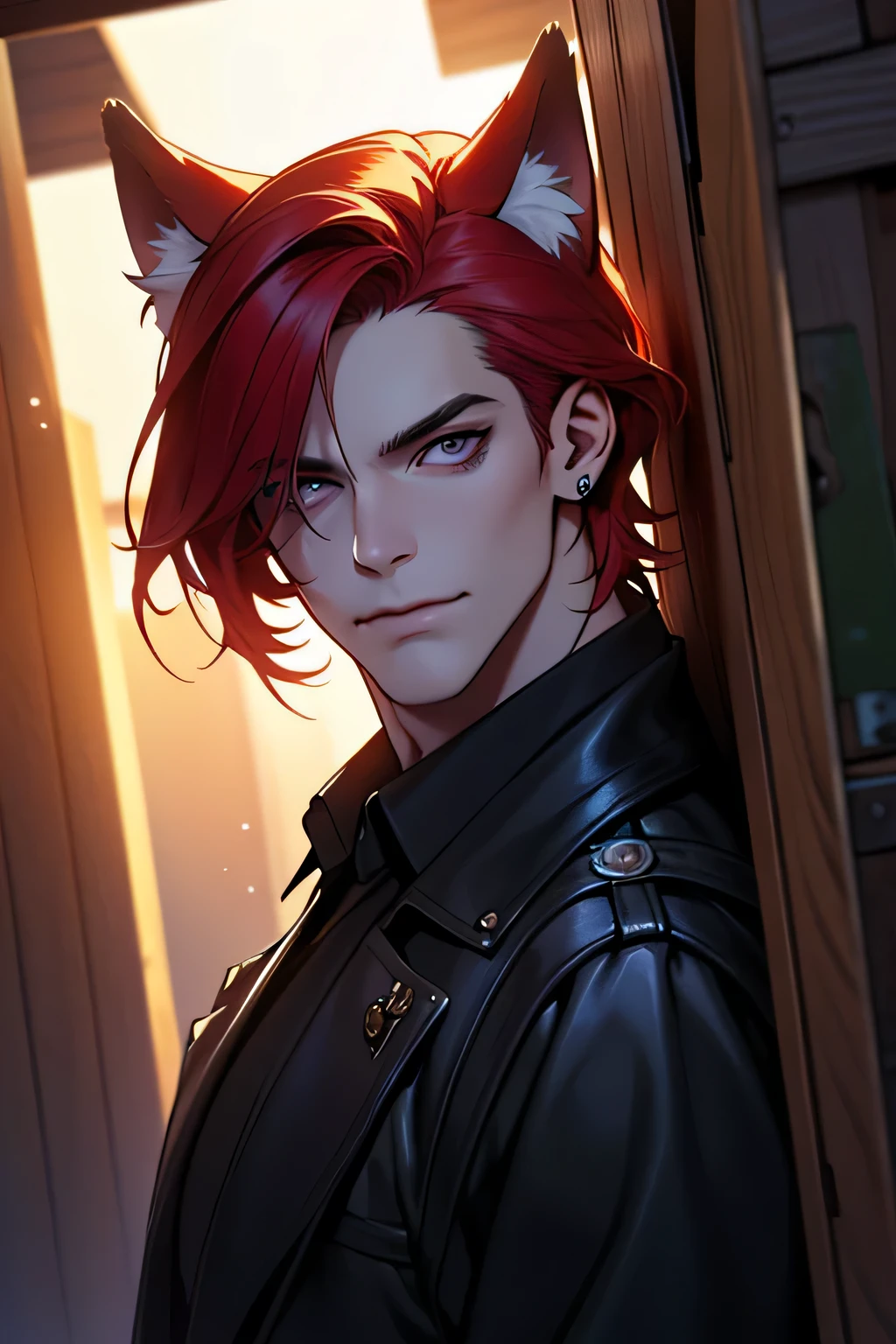 (masterpiece, best quality:1.2), (absurd res, high res, ultra detailed), 1 male, adult, handsome, tall muscular guy, broad shoulders, red hair, finely detailed eyes, portrait, looking at viewer, solo, half shot, detailed background, detailed face, (gothic), smirk, dark leather, high fantasy,, stealth, undercover, (crates in background), shadows, fog, (dutch angle), closed mouth, wolf ears