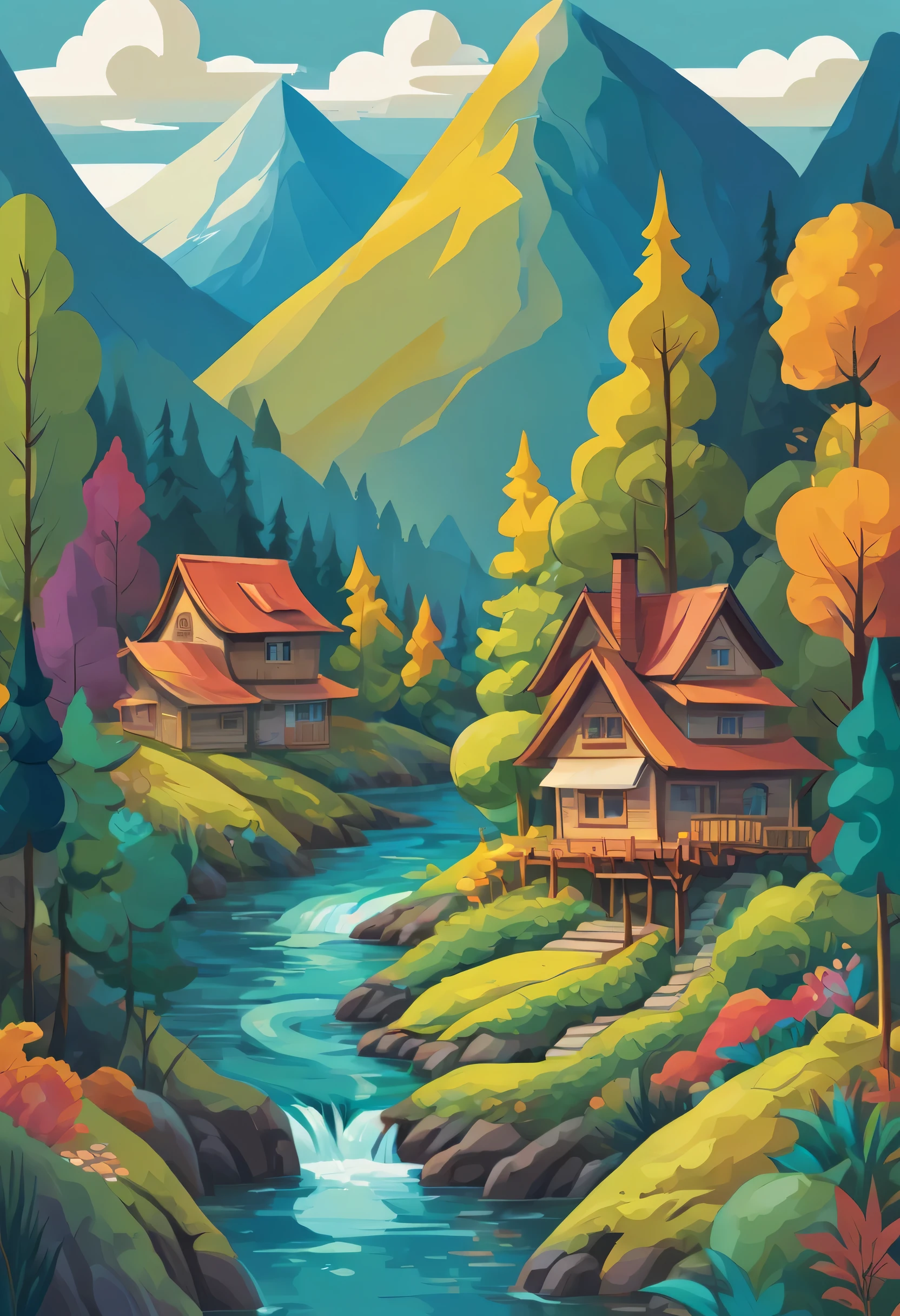 Abstract style forest, mountain, river, house . Non-representational, colors and shapes, expression of feelings, imaginative, highly detailed