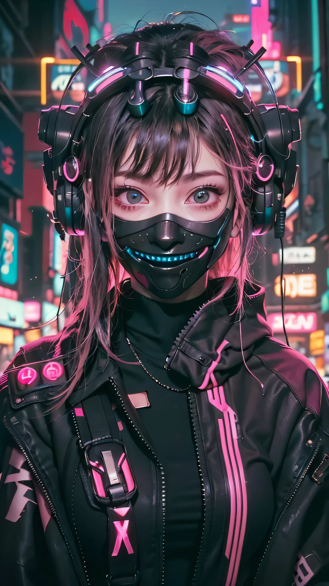 One person, alone, mask, View your viewers, Long Hair, skull, Upper Body, Black Hair, mouth mask, Holding, blue eyes, Long sleeve, Food, Pink Background, Holding skull, Halftone, cable,Neon Light,(cyber punk:1.2),