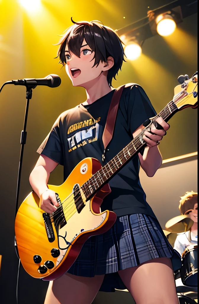 silhouette, a lot of spectators, enthusiasm, trio of guitar, bass and drums, high school student, 18-year-old, Backlight, A bright and attractive band depicting dynamic and energetic live performance moments., get together