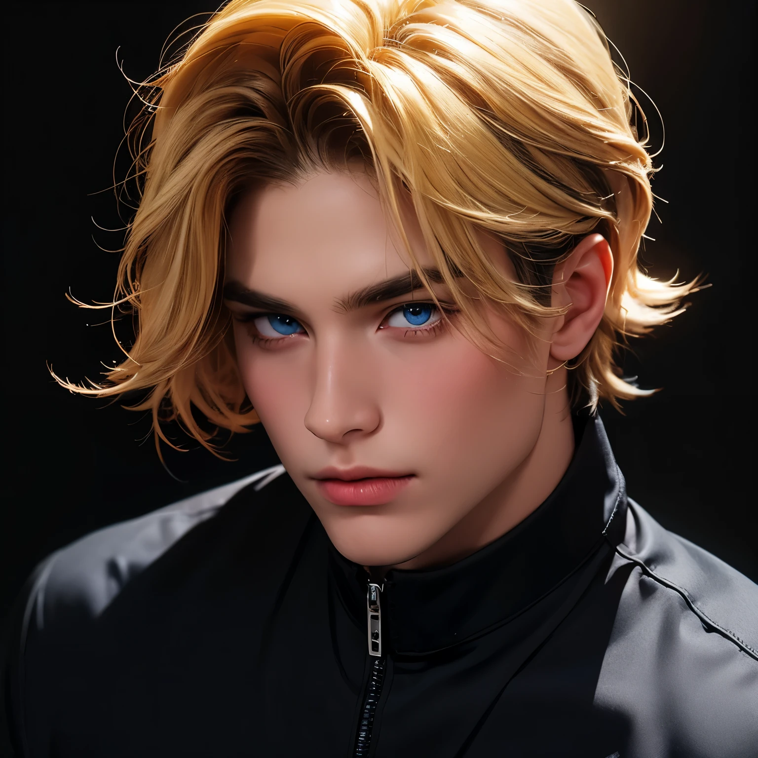 Blonde with short hair , Blue eyes, red angel halo above head, Male, Black background, High detail, decreased