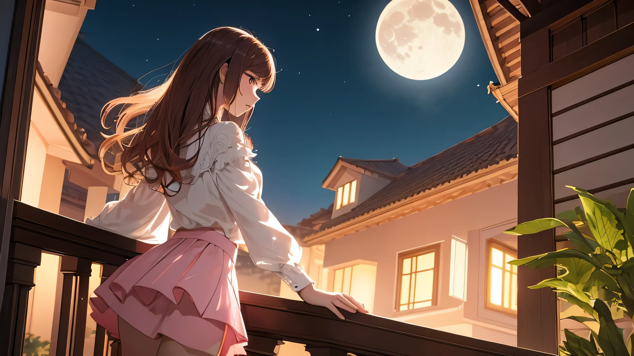 masterpiece , highest quality , be familiar with ,A girl standing on the balcony of her house with her head down, white blouse, Pink flared skirt, illuminated by moonlight, A few leaves sway in the wind. Rear view, Brown, Straight hair to waist, beautiful night view, Fresh green,