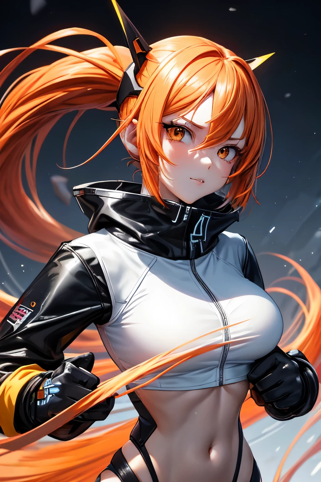 Draw a manga-style character with a physical appearance with this form of the hair Orange with black highlights, tied into two ponytails shaped like jaws, similar to Mawile from Pokémon, Eyes Pink, bright, and expressive and Build Slim and athletic, Attire Upper Body White leather jacket with cyberpunk details, such as integrated LED lights or futuristic lines, Lower Body Sporty bikini in orange, white, and black colors, blending with the cyberpunk style while allowing freedom of movement for physical activities, Personality Creative and curious Always seeking new experiences and forms of expression, Her creative mind drives her to constantly explore new ideas and concepts,