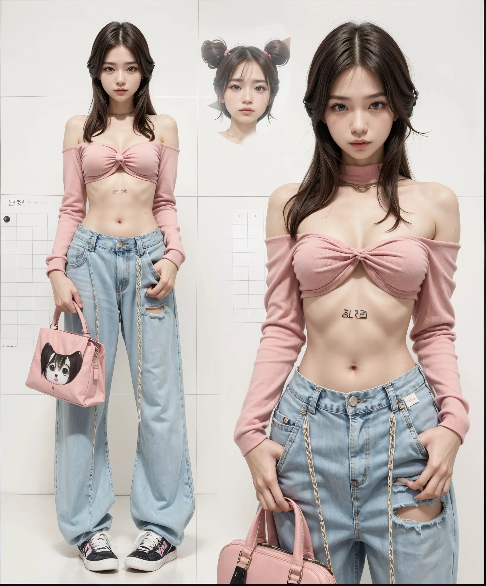 Mujer arafed con top rosa y jeans con bolso rosa, Ropa de pecho en V abierta, estilo y2k, estilo y2k, sujetador y pantalones cortos streetwear, y 2k moda, vistiendo un top corto sexy, croptop, physicist : the smallest abdomen ever seen, modelo de moda femenina coreana, camisa y jeans kawaii, 2 0 2 0 moda