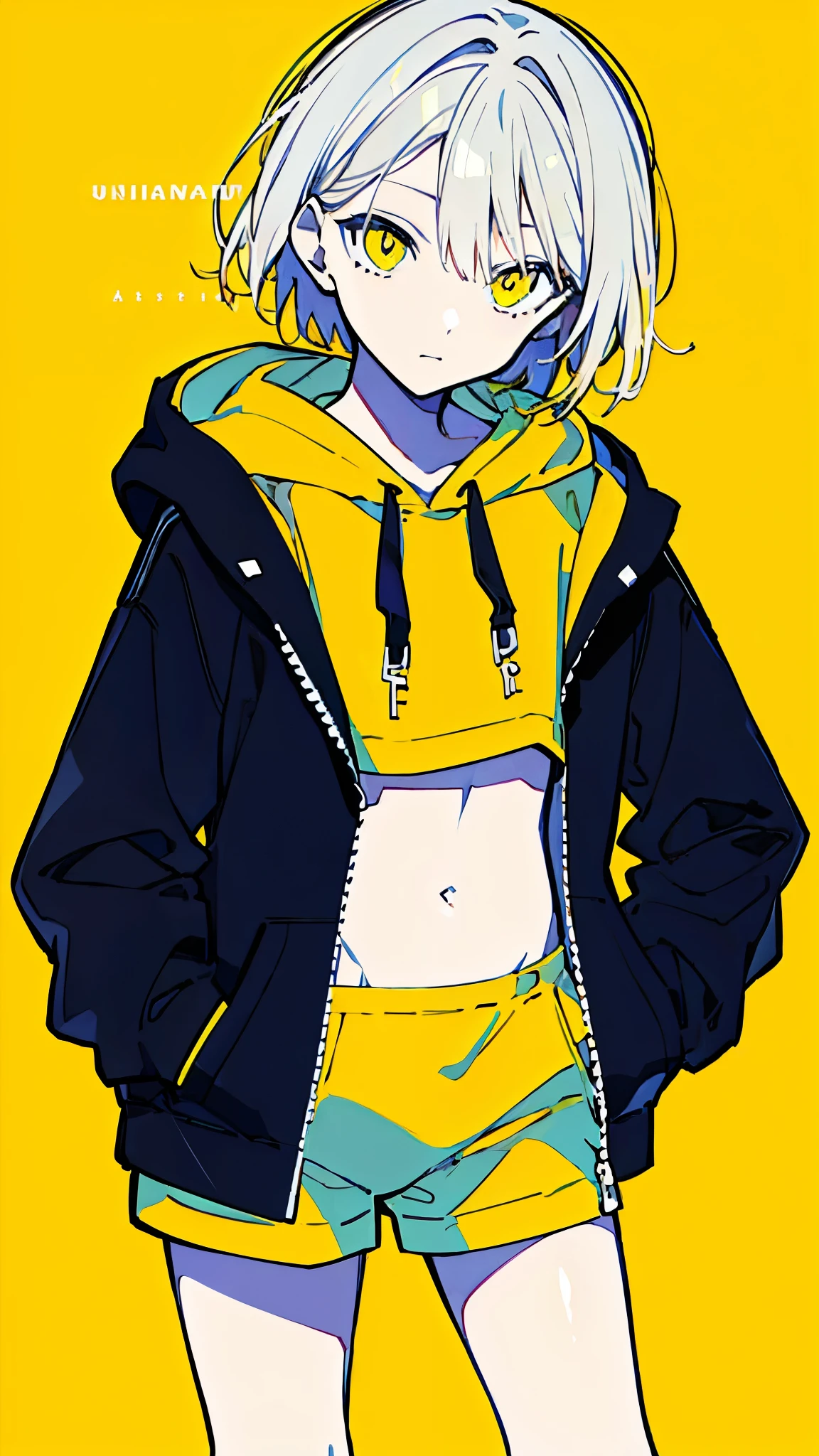 (masterpiece, highest quality:1.6), alone, thick outline, (simple background, Dark yellow background, monochrome, dark yellow theme:1.2), official art, Key Visual, 8k, confused, whole body, (unique hair, oversized hoodie, underwear, short torso:1.2), belly button, thighs, cowboy shot, HDR, sharp focus, High resolution, most detailed, very detailed, Super detailed, finely, detailed eyes and face, sharp pupils, realistic student, alone, alone, put one&#39;s hand in one&#39;s pocket