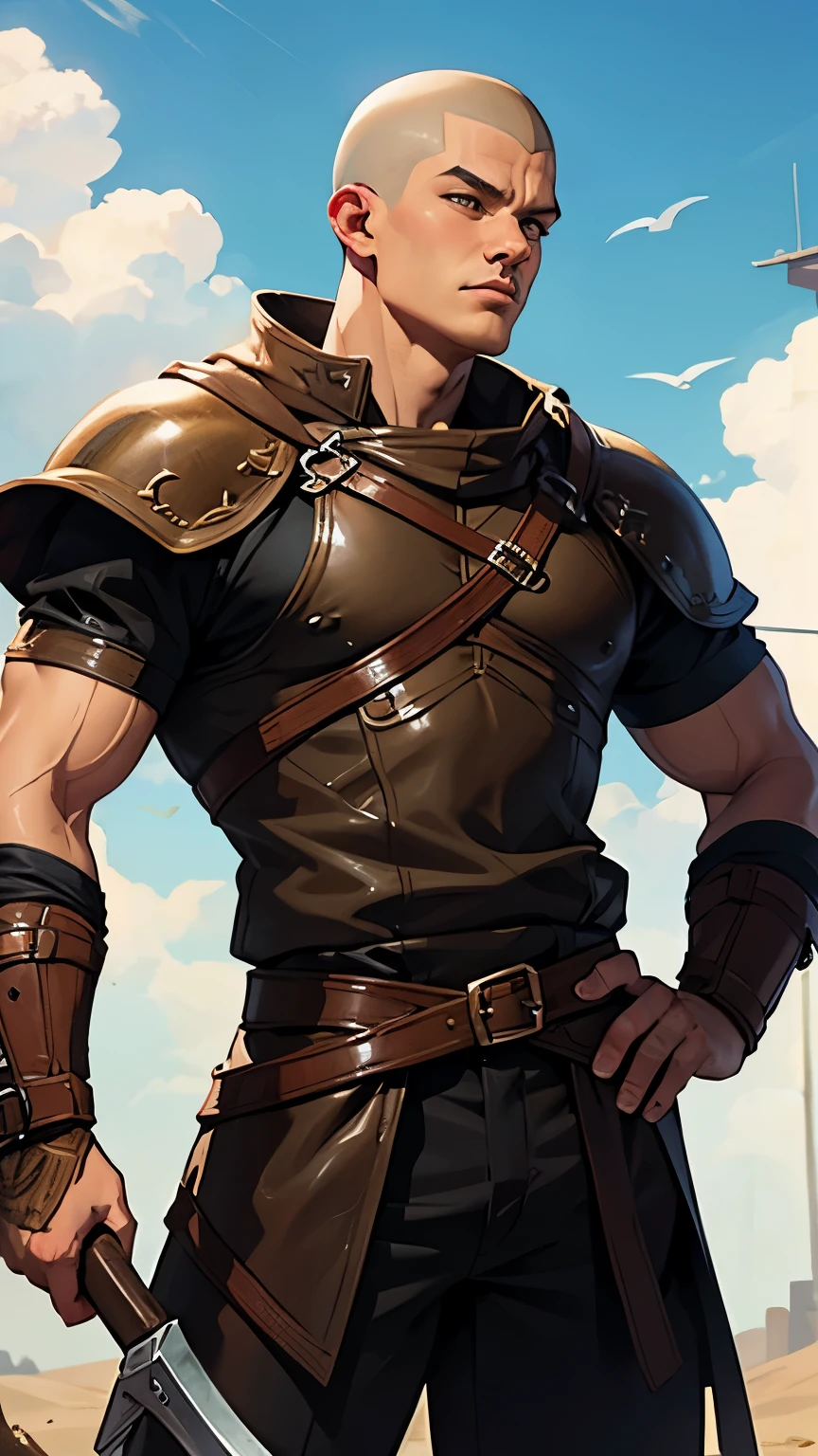 medieval fantasy world, mercenary, man, man in his 20s, shaved hair, buzz cut hair, brown hair, muscular, big, holding an ax, plain background, leather clothes, wearing ordinary clothes, leather armor