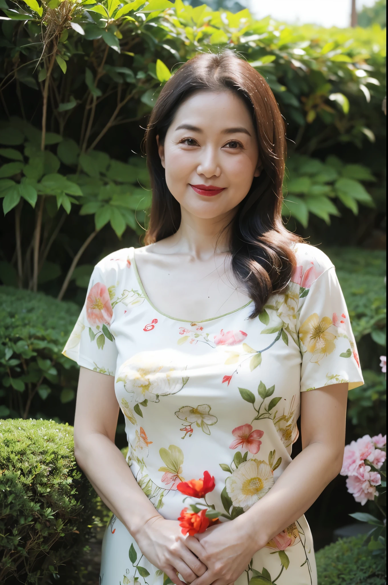 Draw lips correctly, red lipstick, from chest up, best quality, Super detailed, lifelike, Super fine skin, perfect anatomy, (1 日本Mature的女人), (alone)，Wear a floral green round neck dress，short sleeve，wavy long hair， female，Mature，charming smile，garden background，stand，Slightly fat，medium chest，full-body shot。