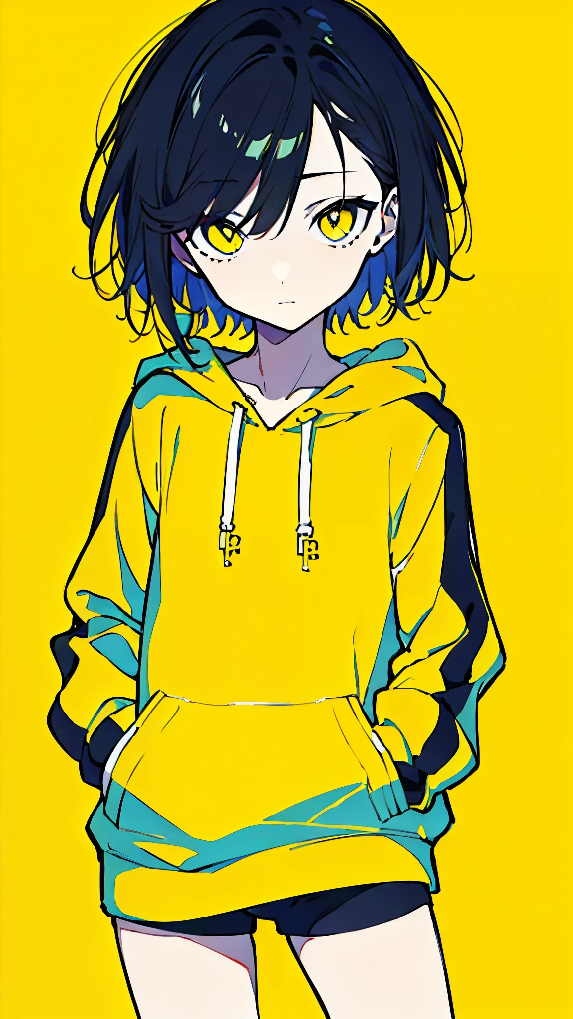 (masterpiece, highest quality:1.6), alone, thick outline, (simple background, Dark yellow background, monochrome, dark yellow theme:1.2), official art, Key Visual, 8k, confused, whole body, (unique hair, oversized hoodie, underwear, short torso:1.2), belly button, thighs, cowboy shot, HDR, sharp focus, High resolution, most detailed, very detailed, Super detailed, finely, detailed eyes and face, sharp pupils, realistic student, alone, alone, put one&#39;s hand in one&#39;s pocket