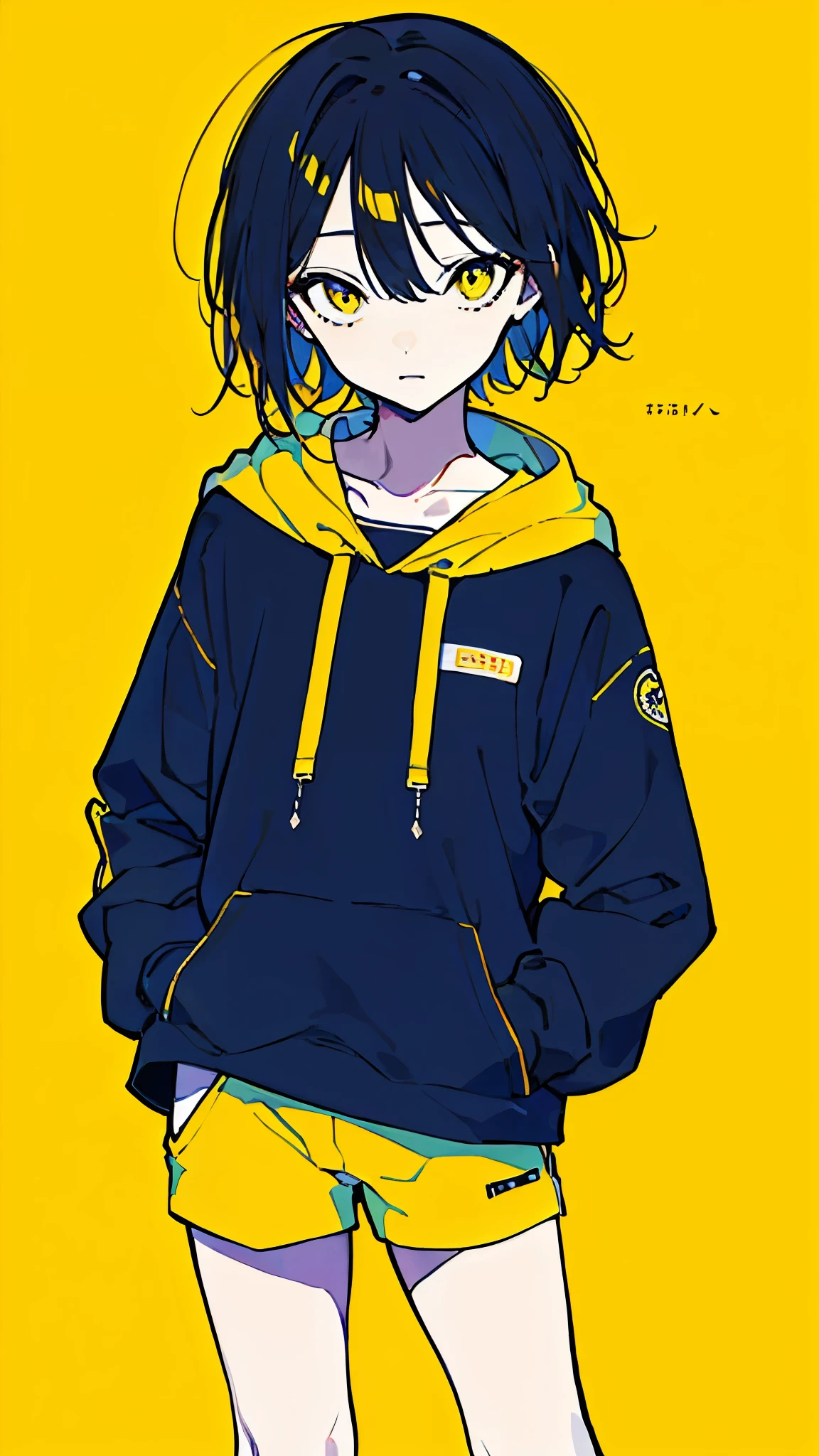 (masterpiece, highest quality:1.6), alone, thick outline, (simple background, Dark yellow background, monochrome, dark yellow theme:1.2), official art, Key Visual, 8k, confused, whole body, (unique hair, oversized hoodie, underwear, short torso:1.2), belly button, thighs, cowboy shot, HDR, sharp focus, High resolution, most detailed, very detailed, Super detailed, finely, detailed eyes and face, sharp pupils, realistic student, alone, alone, put one's hand in one's pocket