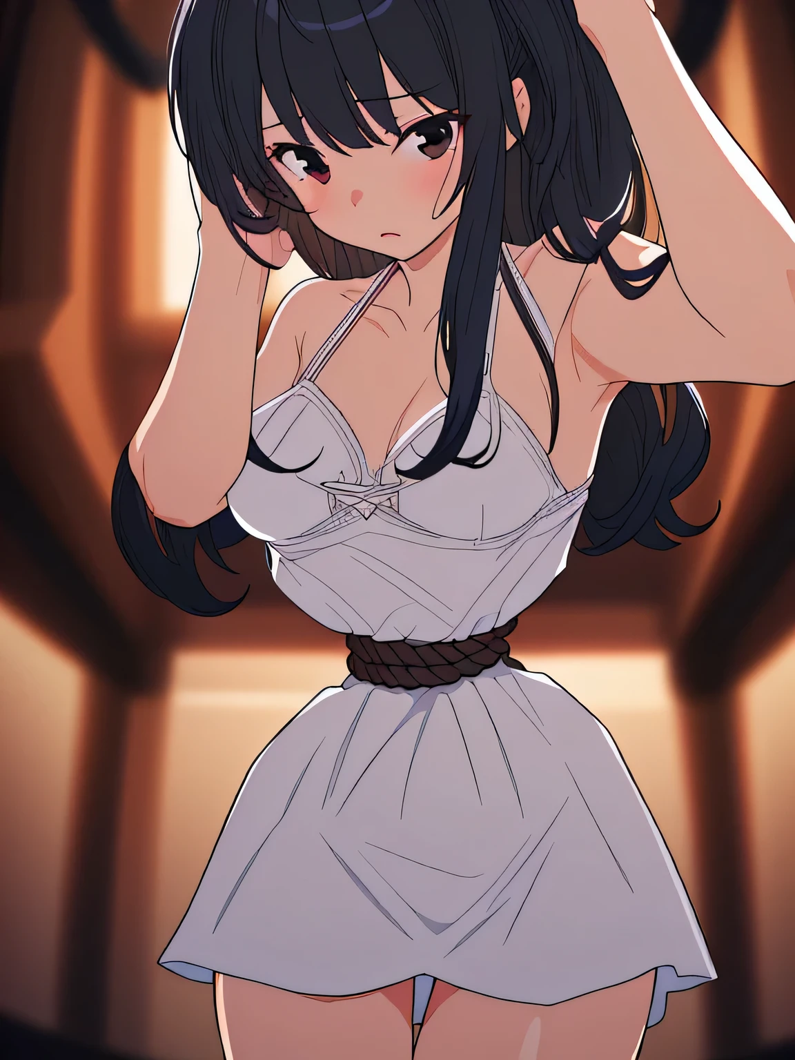 ((masterpiece)), ((highest quality)), (super detailed), torture chamber,(((Waist bound tightly with rope))),pretty girl, 1 girl, alone, white underwear,beautiful black hair, (beautiful black eyes), long hair, expression of agony