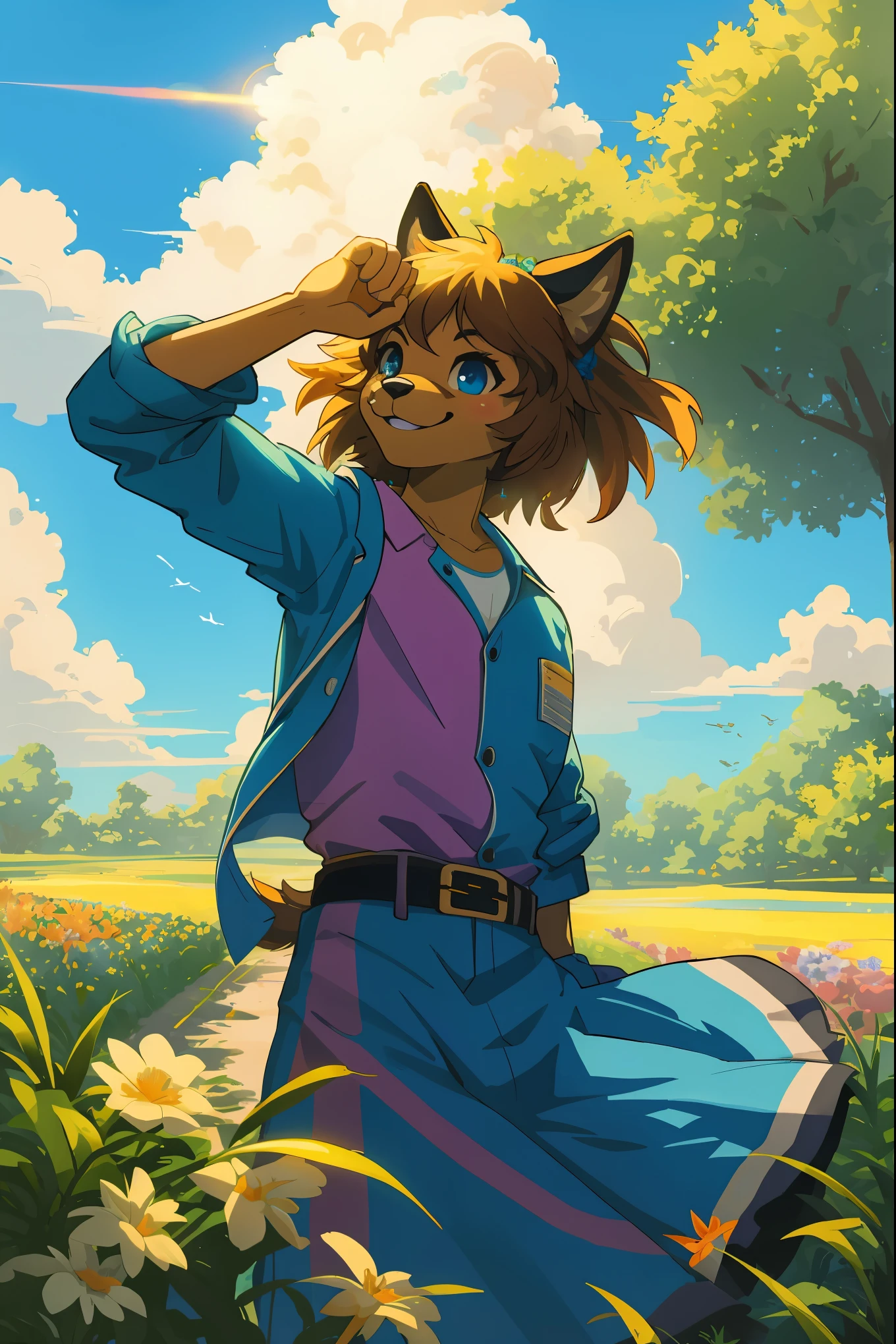1980 VHS poster art for a Vice City inspired movie, top quality, highres, High-quality illustrations, unparalleled masterpiece(movie of life)nature inspired imagery, rendered in maya, romanticized views, lively illustrations, hyper realistic, whimsical cartoonish, farm, Blue sky, clouds, florals Beautiful garden(furry anthro, solo, girl, casual fashion, Relux pose, Smile)absurdres, perfect anatomy, caustics, cinematic lighting, lens flare, deep shadow, dynamic angle,