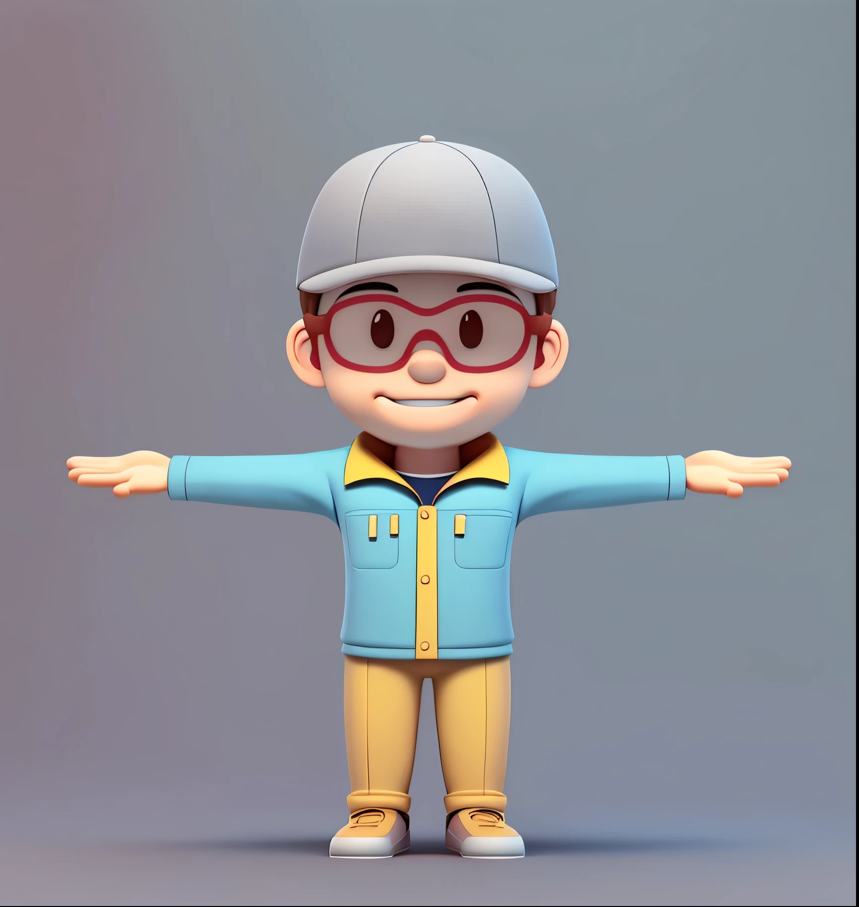 The face is smooth and has no bulges ,3D modeling of a boy wearing work clothes and a work hat, c4d rendering of ultra-light clay material, blind box hand-made style, clean background,pastel colors,Fine line drawings,8k yellow paper ultra-clear IP image design boy cute color uniform grinning boy