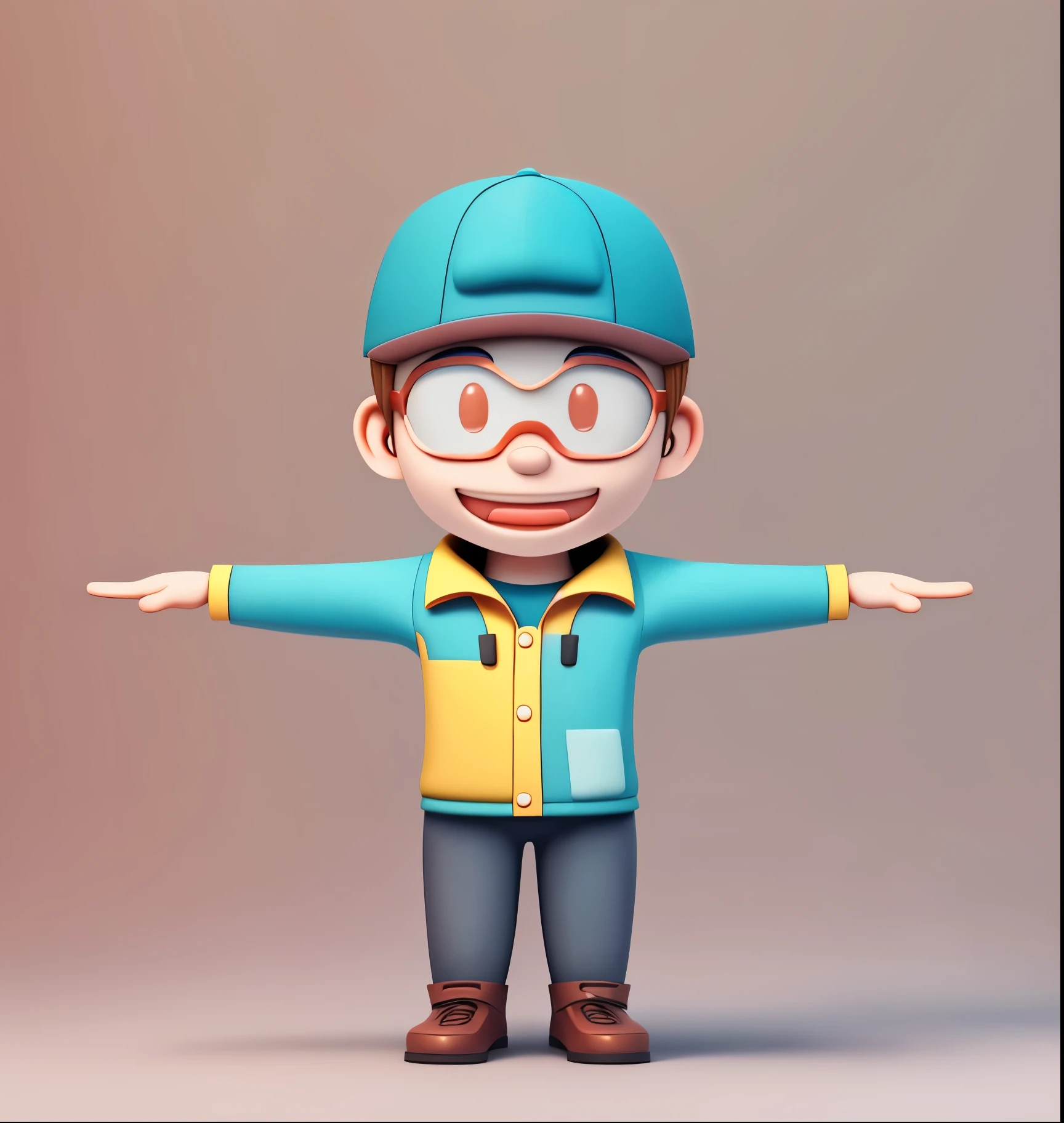 The face is smooth and has no bulges ,3D modeling of a boy wearing work clothes and a work hat, c4d rendering of ultra-light clay material, blind box hand-made style, clean background,pastel colors,Fine line drawings,8k yellow paper ultra-clear IP image design boy cute color uniform grinning boy