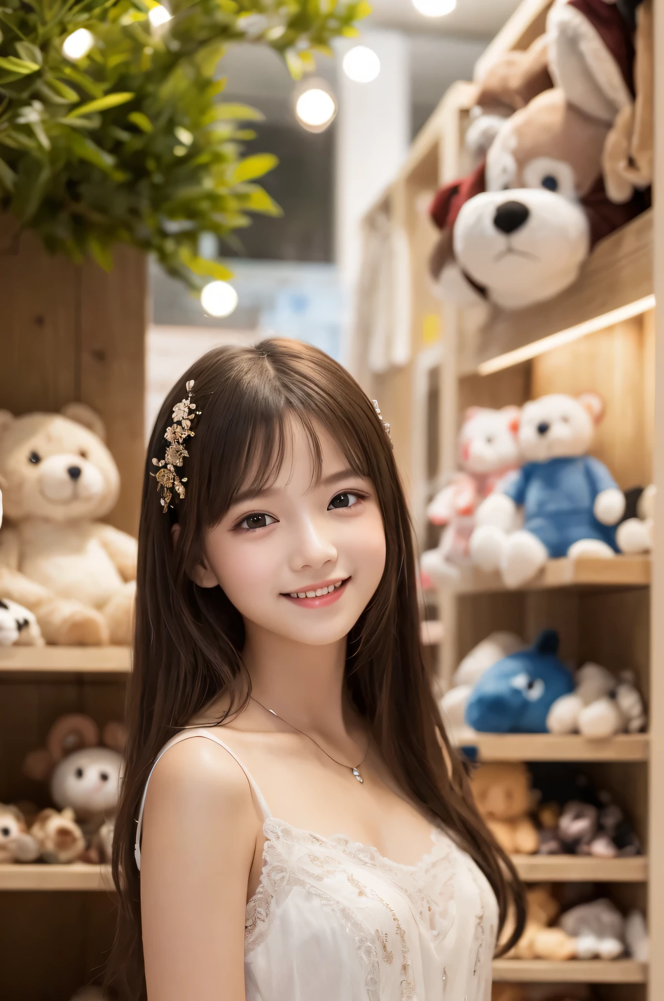 1ung girl, long hair, brown eyes, (smile slightly, Innocent and cute expression), model, Enchanting, Sublime, Ethereal, fantastic, extremely detailed CG unified 8k wallpaper, High-definition raw color photos, professional photography, indoors, (Stuffed toy shop, surrounded by lots of stuffed), (Bokeh), depth of fields,