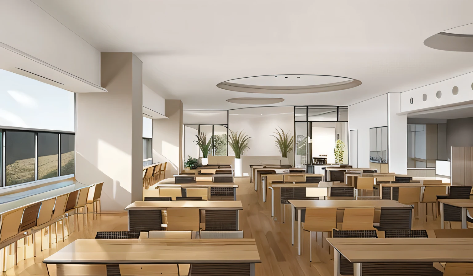 highest quality, masterpiece, interior design, modern, clean, company cafeteria, open layout, Natural light, Large transparent windows, distant scenery, Gentle hills, natural wood panels, pronounced wood grain texture, Industrial Elements, shiny tile texture, Subtle variations, shading, Contemporary table, white surfaces, sophisticated chair, Metal frame, 3 color seats, white, black, bare wood, wooden floor floor, ((white ceiling)), circular folding ceiling light, glass double doors, soft shine, Natural light源と人工光源, reflection, shiny surface, well placed shadows, depth, space,