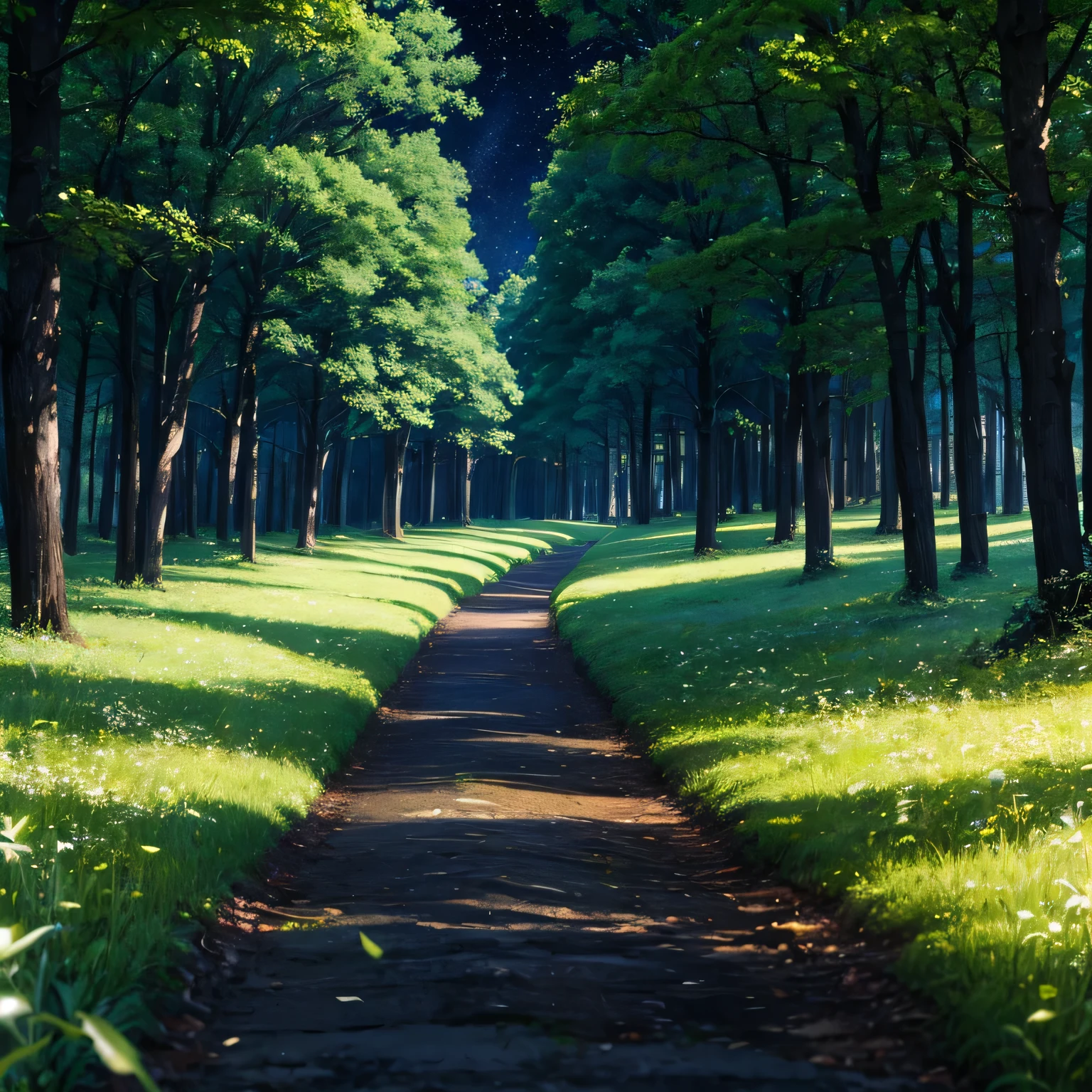 In the dark night forest、grassy road、Trees are growing、moonlight、pitch dark forest