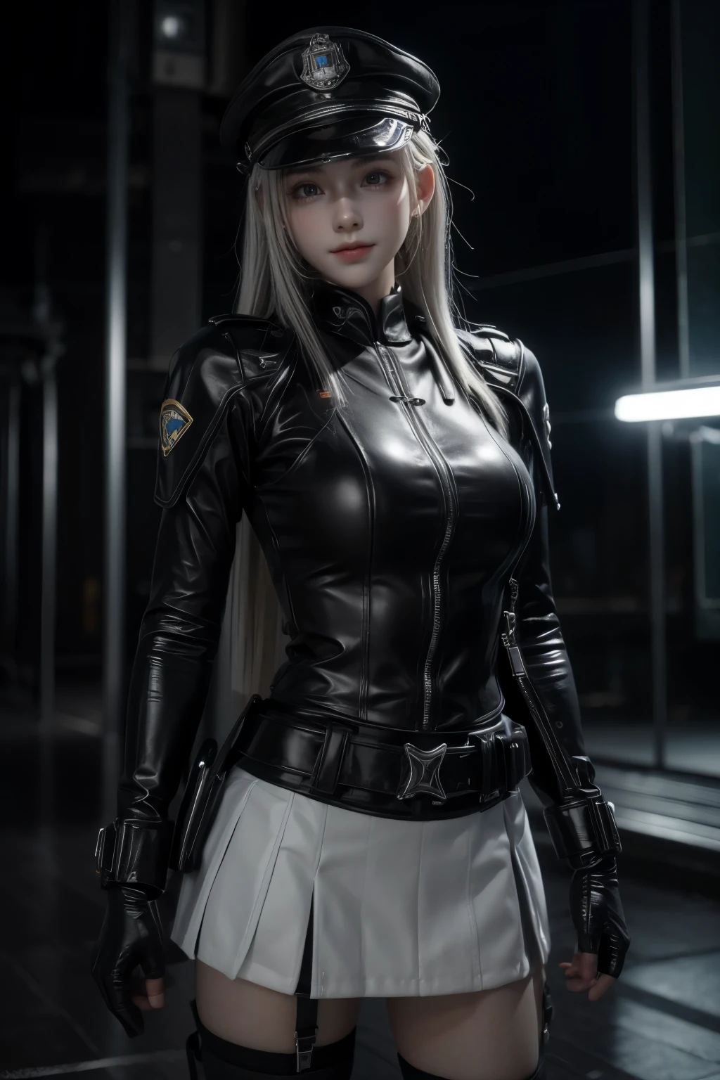 Masterpiece,Game art,The best picture quality,Highest resolution,8K,(A bust photograph),(Portrait),(Head close-up),(Rule of thirds),Unreal Engine 5 rendering works,
20 year old girl,Future World Police,Short hair details,With long bangs,(Short White Hair,Fiery red eyes),(Large, full breasts),(Wearing an unassigned SWAT uniform,Police uniforms are full of futuristic technology,Skirt,A very fine police hat,police badge,Accessories for police operations),Mouth smile,Elegant and charming,Noble and gentle,(Dynamic posture),A top-down view,The neon city of night,
Movie lights，Ray tracing，Game CG，((3D Unreal Engine))，OC rendering reflection pattern