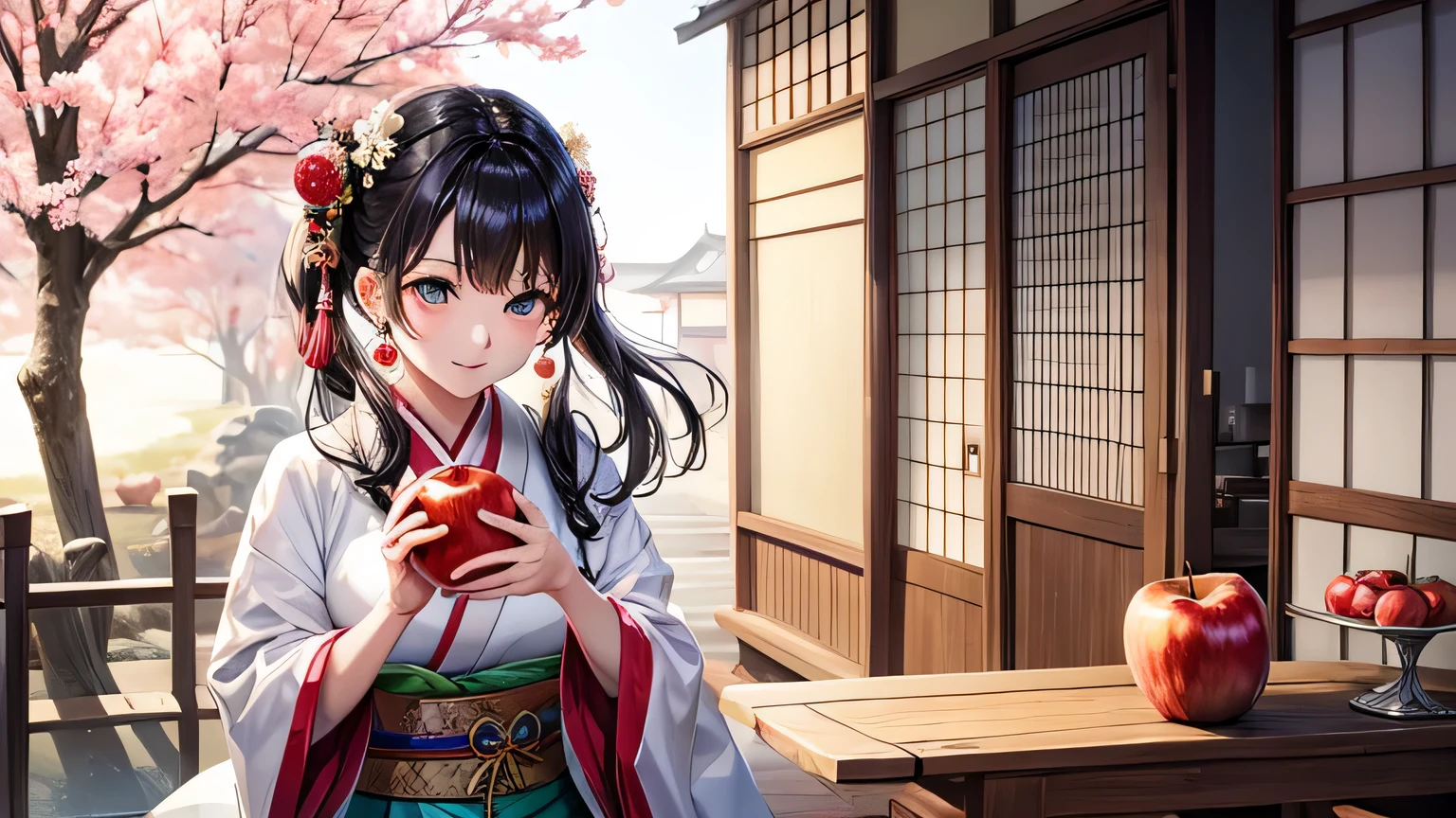 Beautiful Japanese woman and apple