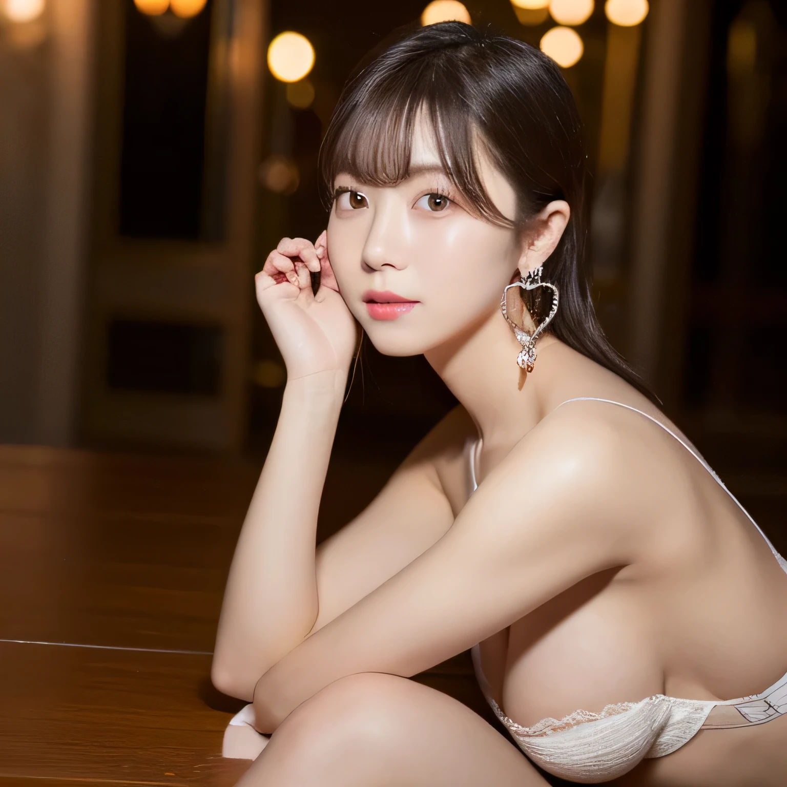 masterpiece, highest quality, alone, 1 girl, glowing skin, hoop earrings, glamorous, quirky details, slicked hair, attractive,  shoulders, crop top, shallow depth of field, contrasting, professional model, facing the front, portrait , 20 year old girl, cute,  shot, (highest quality: 1.3), (masterpiece: 1.3), (Super detailed: 1.3), (wallpaper, one girl: 1.1)、(delicate hands and fingers:1.2)、(Are you okay, Super oily and shiny skin:1.1,table top, highest quality, shape、 Super detailed, High resolution, 8k, wallpaper, beautiful fine hair, (beautiful :1.3), , (put your hands on your knees:1.3), theme park dancer, ,