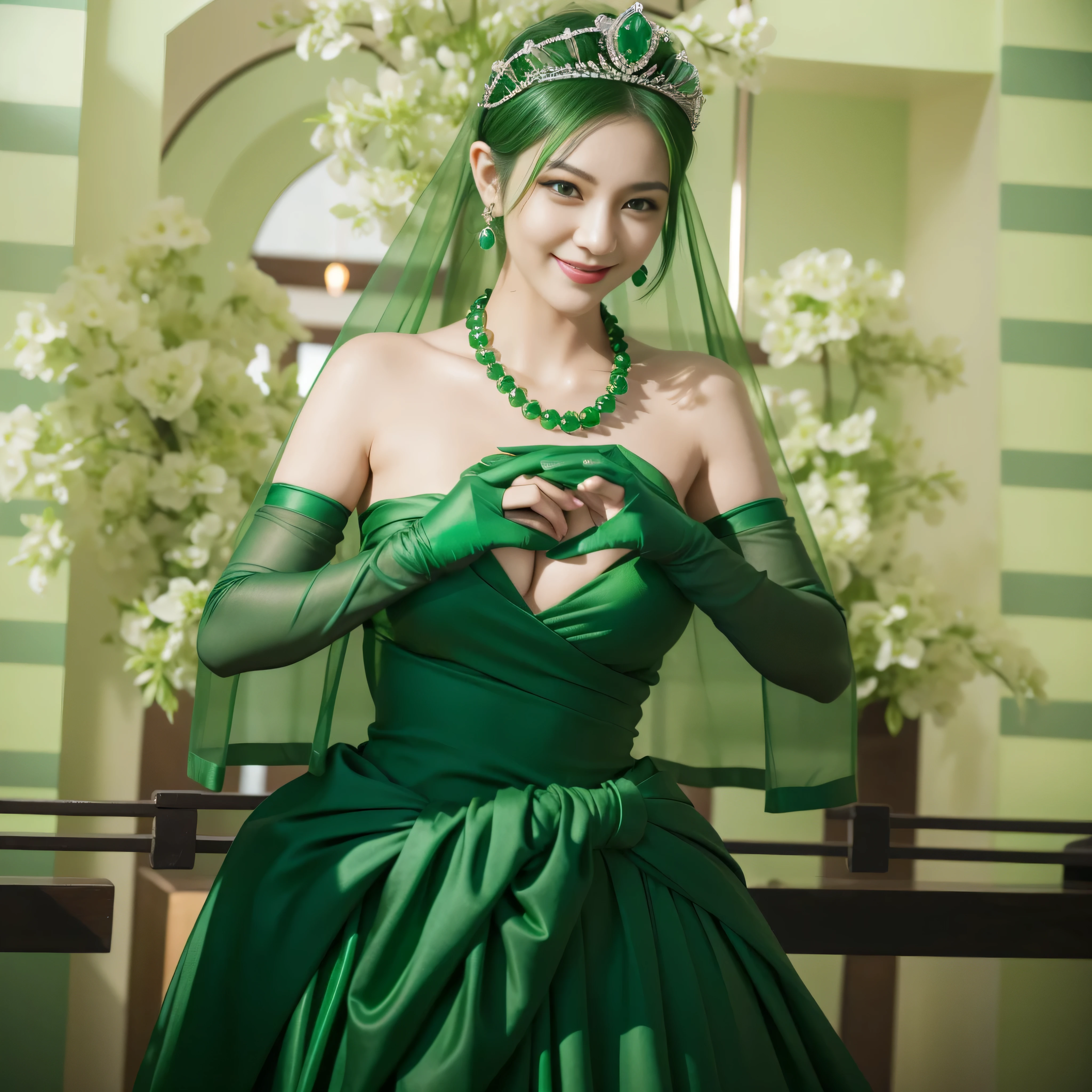 emerald tiara, Green Pearl Necklace, Boyish green berry short hair, lipstick, smiling Japanese woman, very short hair, big breasts beautiful, green eyes, green satin long gloves, green eyes, v sign, emerald earrings, Green veil, green lip gloss
