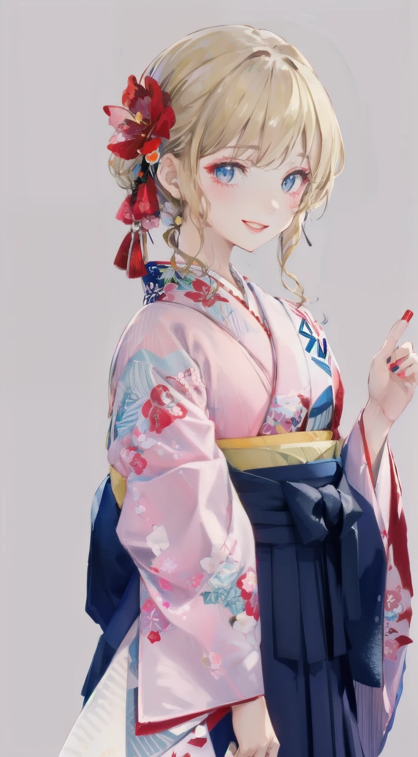 High resolution、An illustration、1 girl、beautiful face、cute、white background、2D、Hakama、pink kimono、ネイビーのHakama、Upper body、gal、wheat-colored skin、Makeup、blonde hair、pink lipstick、grinning、graduation ceremony、blue eyes、