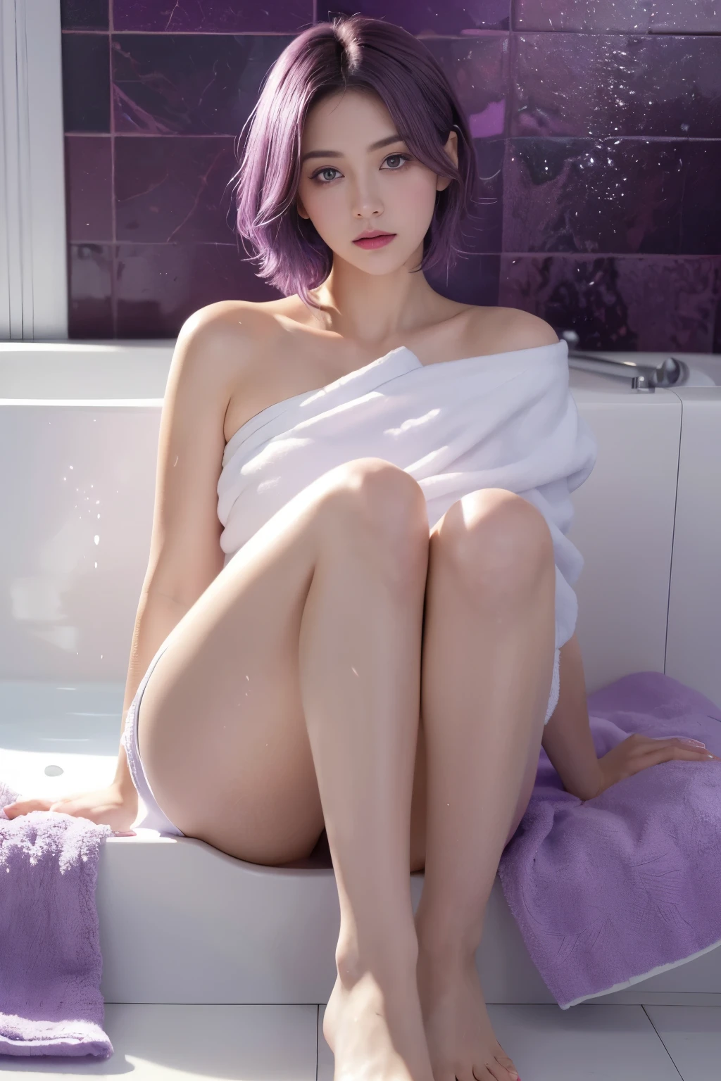(hyperrealistic), (illustration), (high resolution), (8K), (extremely detailed), (best illustration), (beautiful detailed eyes), (best quality), (super detailed), (masterpiece), (wallpaper), (detailed face), solo, Short purple hair, magical girl, bath towel, full body soaked in bathroom , (full body focus), purple eyes, exuding magic, gloomy, light reflection