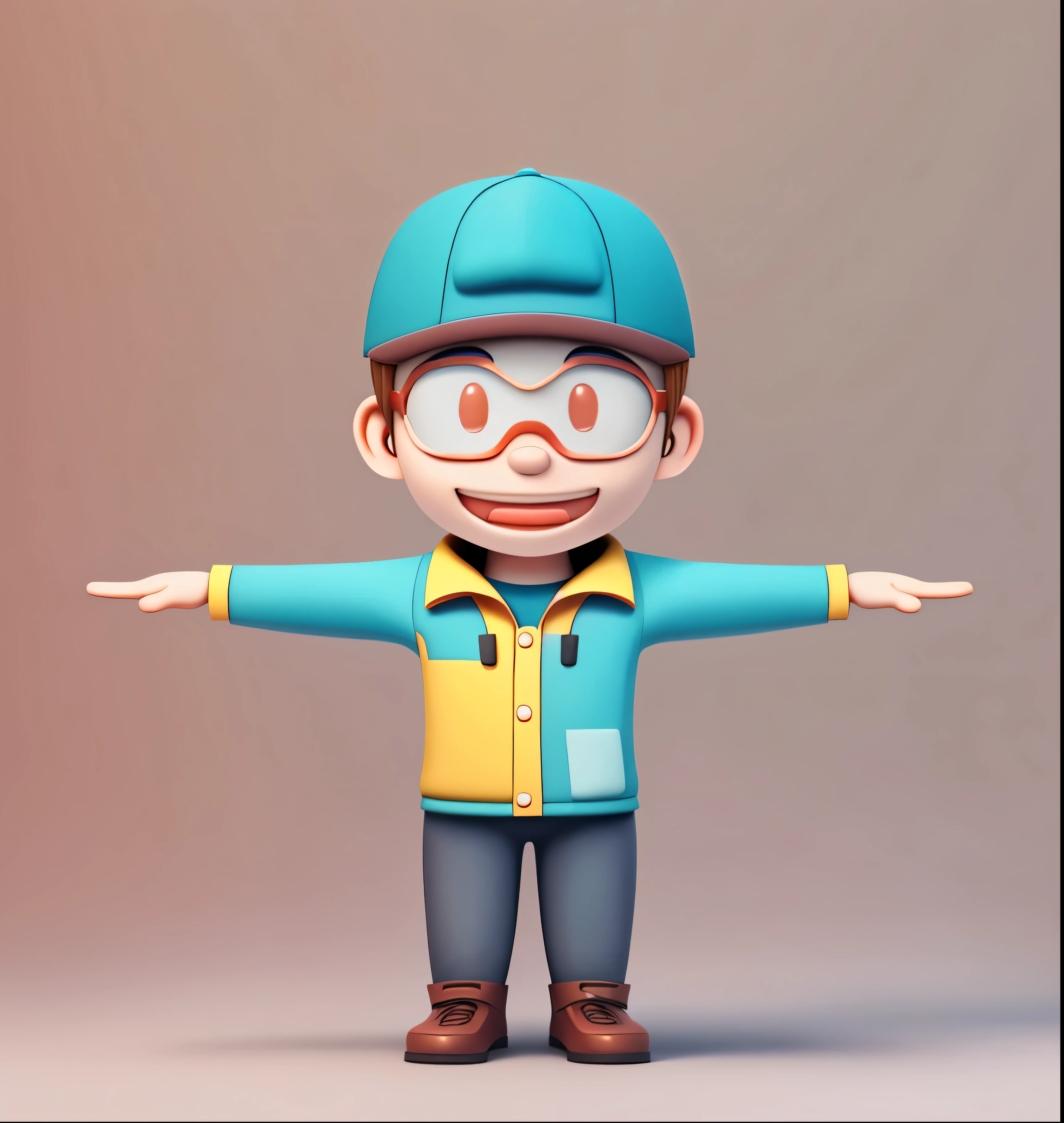 smooth face,without any bumps ,wearing work clothes、3D model of boy wearing work cap, Ultra light clay material c4d rendering, Blind box handmade style, clean background,pastel colors,Thin line drawing,8k yellow paper ultra-clear IP image design boy cute color uniform grinning boy