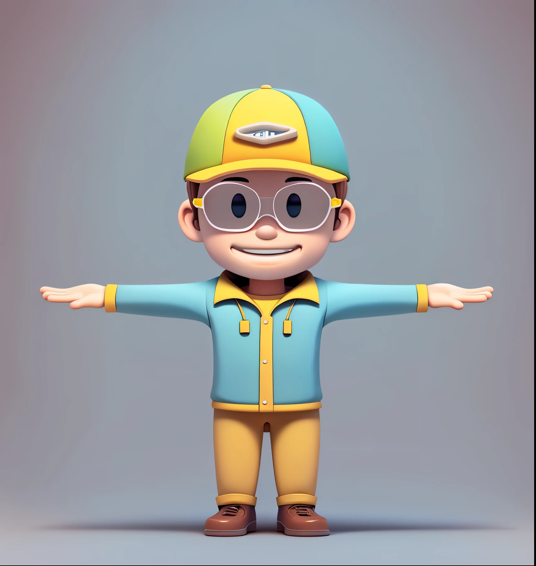 The face is smooth and has no bulges ，3D modeling of a boy wearing work clothes and a work hat, c4d rendering of ultra-light clay material, blind box hand-made style, clean background，pastel colors，Fine line drawings，8k yellow paper ultra-clear IP image design boy cute color uniform grinning boy