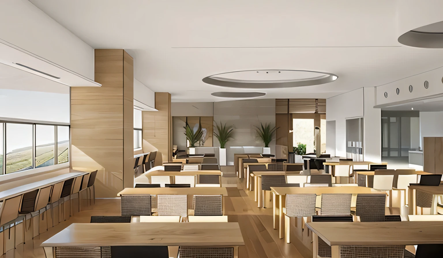 highest quality, masterpiece, interior design, modern, clean, company cafeteria, open layout, Natural light, Large transparent windows, distant scenery, Gentle hills, natural wood panels, pronounced wood grain texture, Industrial Elements, shiny tile texture, Subtle variations, shading, Contemporary table, white surfaces, sophisticated chair, Metal frame, 3 color seats, white, black, bare wood, wooden floor floor, ((white ceiling)), circular folding ceiling light, glass double doors, soft shine, Natural light源と人工光源, reflection, shiny surface, well placed shadows, depth, space,