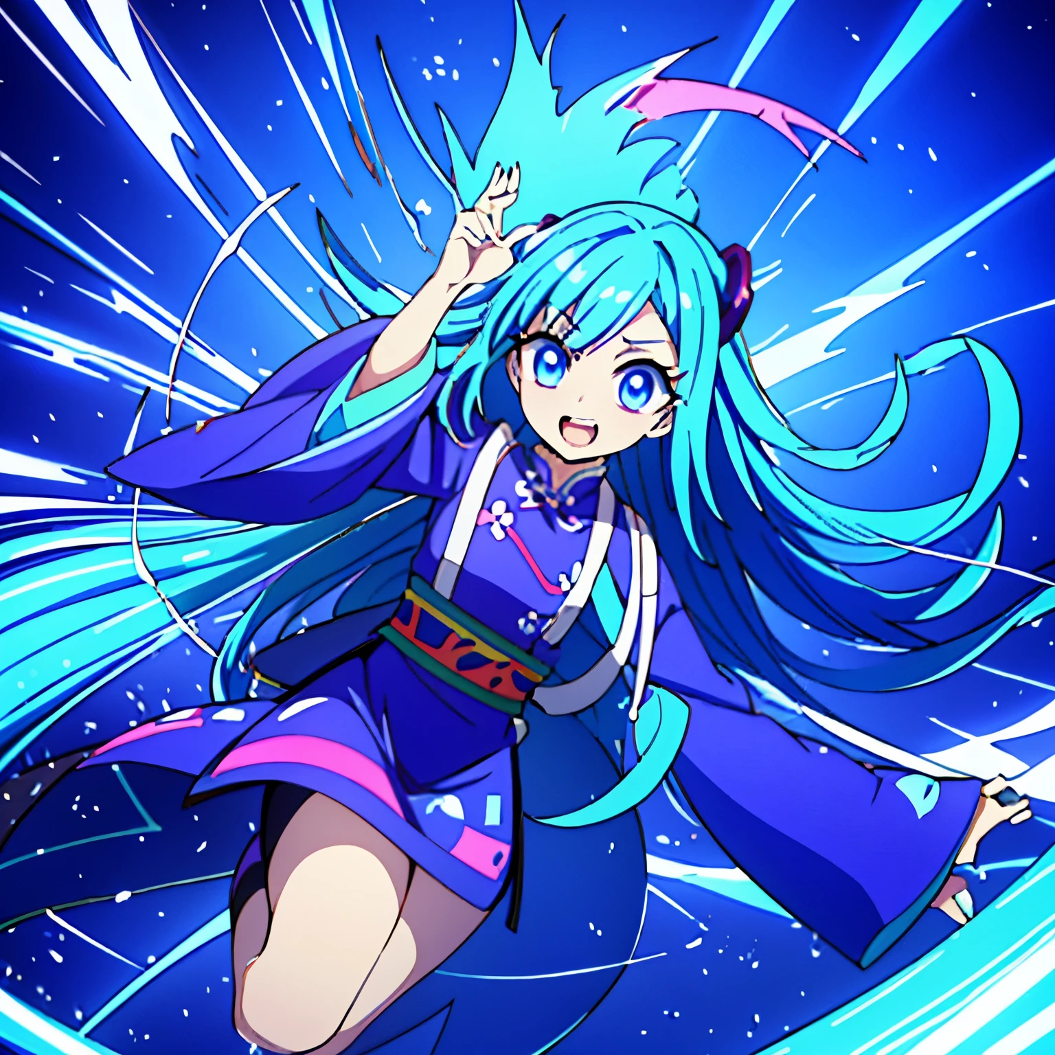 Cyan hair,long hair,magenta eyes,chinese liked outfit,blue pallete outfit,Joyful and energetic,uses yoyo