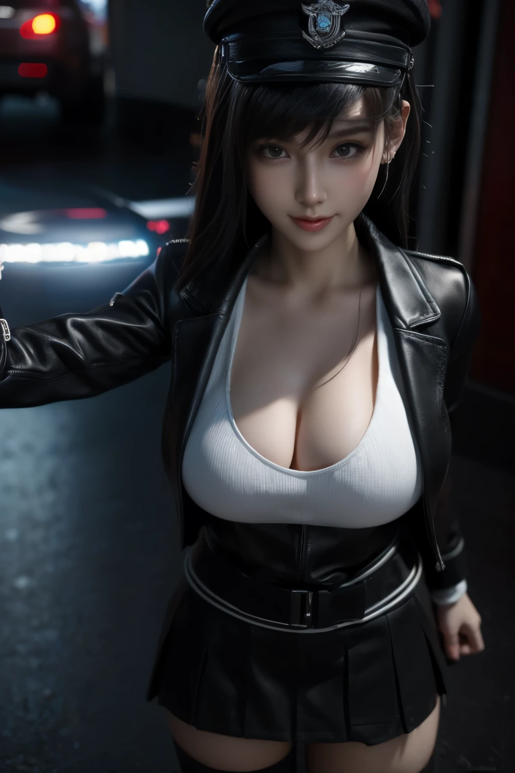 Masterpiece,Game art,The best picture quality,Highest resolution,8K,(A bust photograph),(Portrait),(Head close-up),(Rule of thirds),Unreal Engine 5 rendering works,
20 year old girl,Future World Police,Short hair details,With long bangs,(Short White Hair,Fiery red eyes),(Large, full breasts),(Wearing an unassigned SWAT uniform,Skirt,A very fine police hat,police badge,Accessories for police operations),Mouth smile,Elegant and charming,Noble and gentle,(Dynamic posture),A top-down view,The neon city of night,
Movie lights,Ray tracing,Game CG,((3D Unreal Engine)),OC rendering reflection pattern