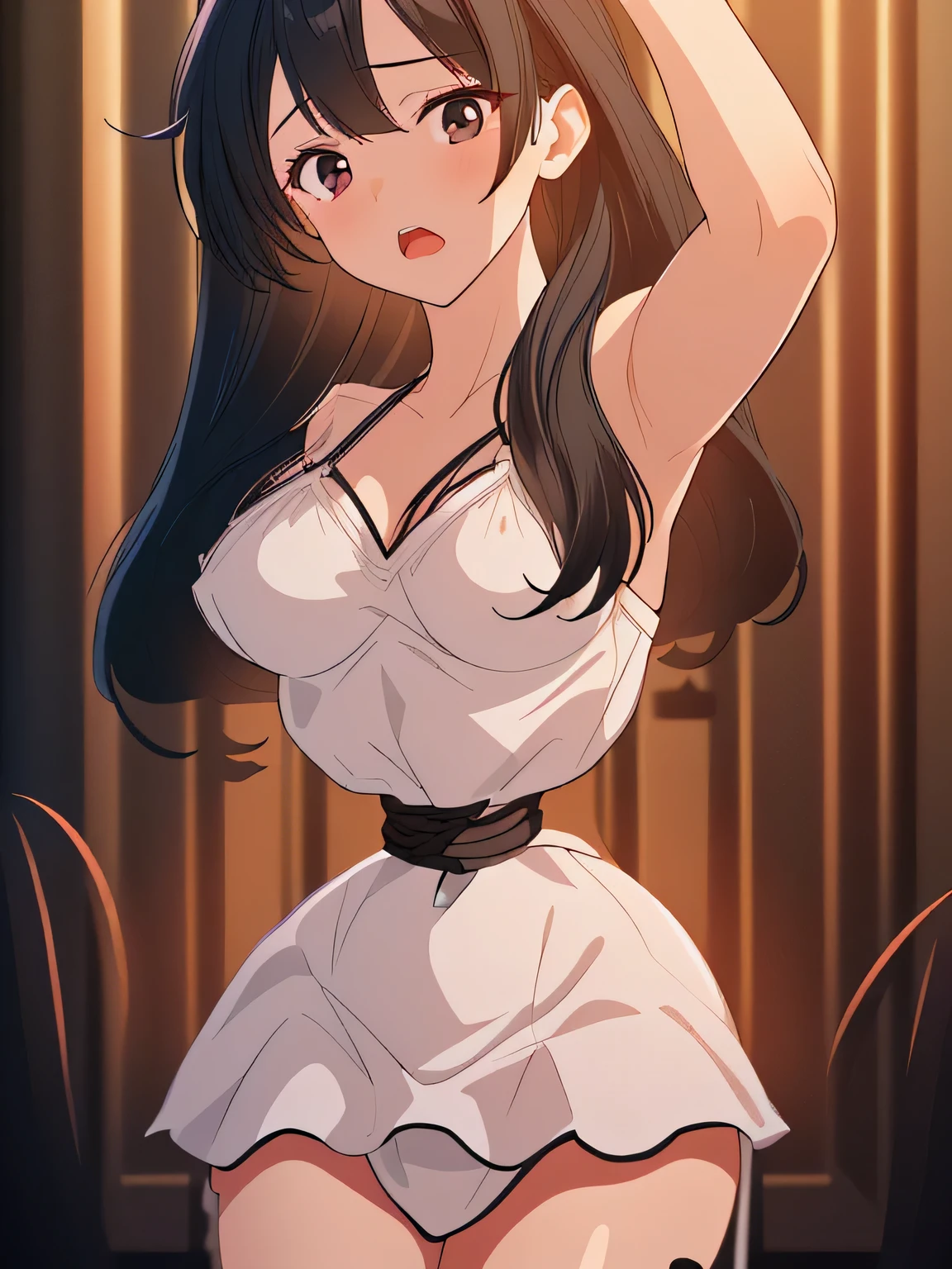 ((masterpiece)), ((highest quality)), (super detailed), torture chamber,(((Waist bound tightly with rope))),pretty girl, 1 girl, alone, white slip dress,beautiful black hair, (beautiful black eyes), long hair, expression of agony