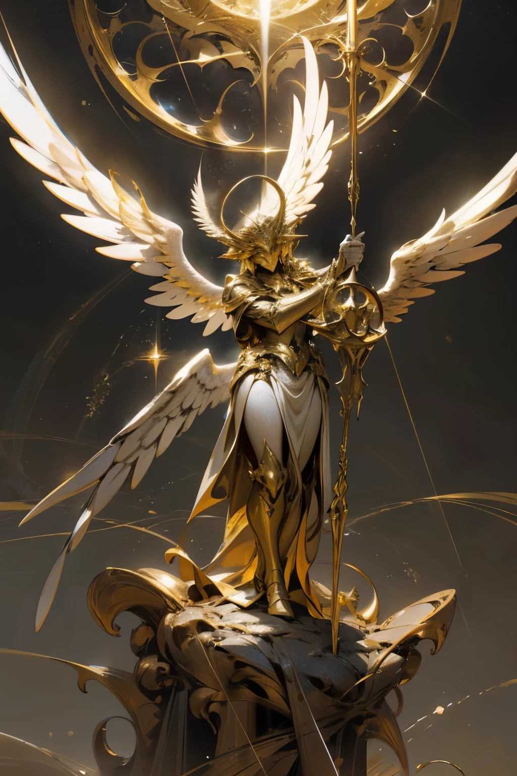"In the heart of an expansive lunar crater, a radiant figure takes center stage. The blazing angel is encircled by a golden aura, his six immense white wings stretching outwards, casting long shadows against the desolate terrain. His sculptural form, rendered with stunning detail and realism, radiates an ethereal glow as he gazes upwards at the Earth, his gaze full of reverence and divine power."
Science Fiction, Fantasy, Lunar landscape, Angel, Radiance, Winged being, Golden sculpture, Realistic, 8k, epic composition, cinematic, dramatic, moody lighting, rendered in Enscape,