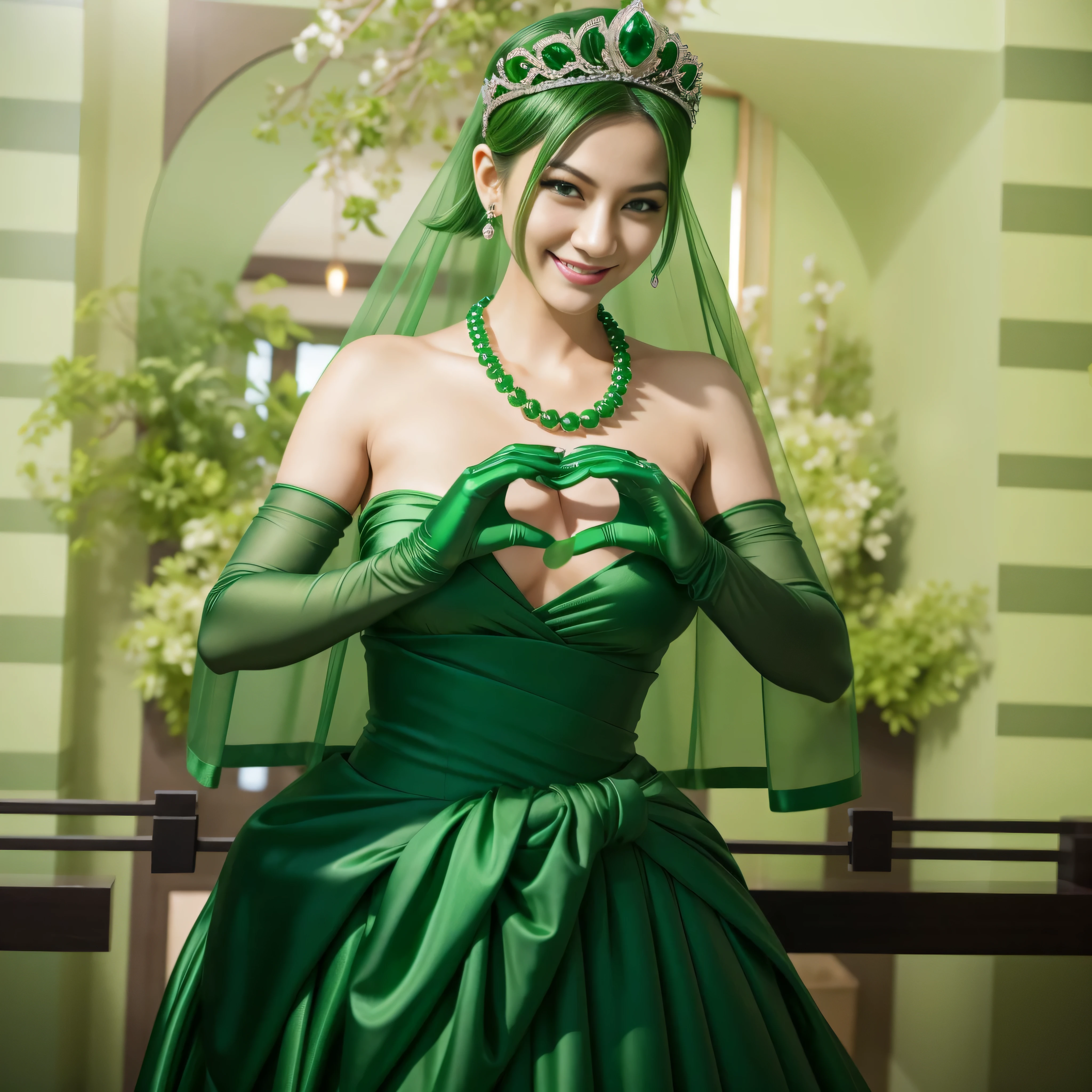 emerald tiara, Green Pearl Necklace, Boyish green berry short hair, lipstick, smiling Japanese woman, very short hair, big breasts beautiful, green eyes, green satin long gloves, green eyes, v sign, emerald earrings, Green veil, green lip gloss