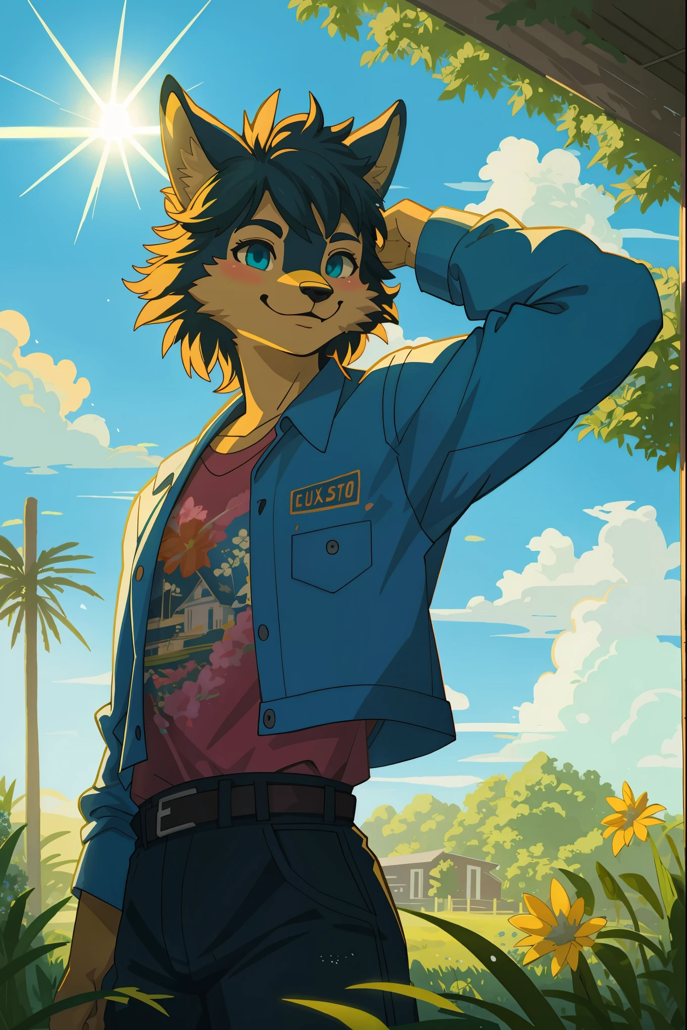 1980 VHS poster art for a Vice City inspired movie, top quality, highres, High-quality illustrations, unparalleled masterpiece(movie of life)nature inspired imagery, rendered in maya, romanticized views, lively illustrations, hyper realistic, whimsical cartoonish, farm, Blue sky, clouds, florals Beautiful garden(furry anthro, solo, girl, casual fashion, Relux pose, Smile)absurdres, perfect anatomy, caustics, cinematic lighting, lens flare, deep shadow, dynamic angle,