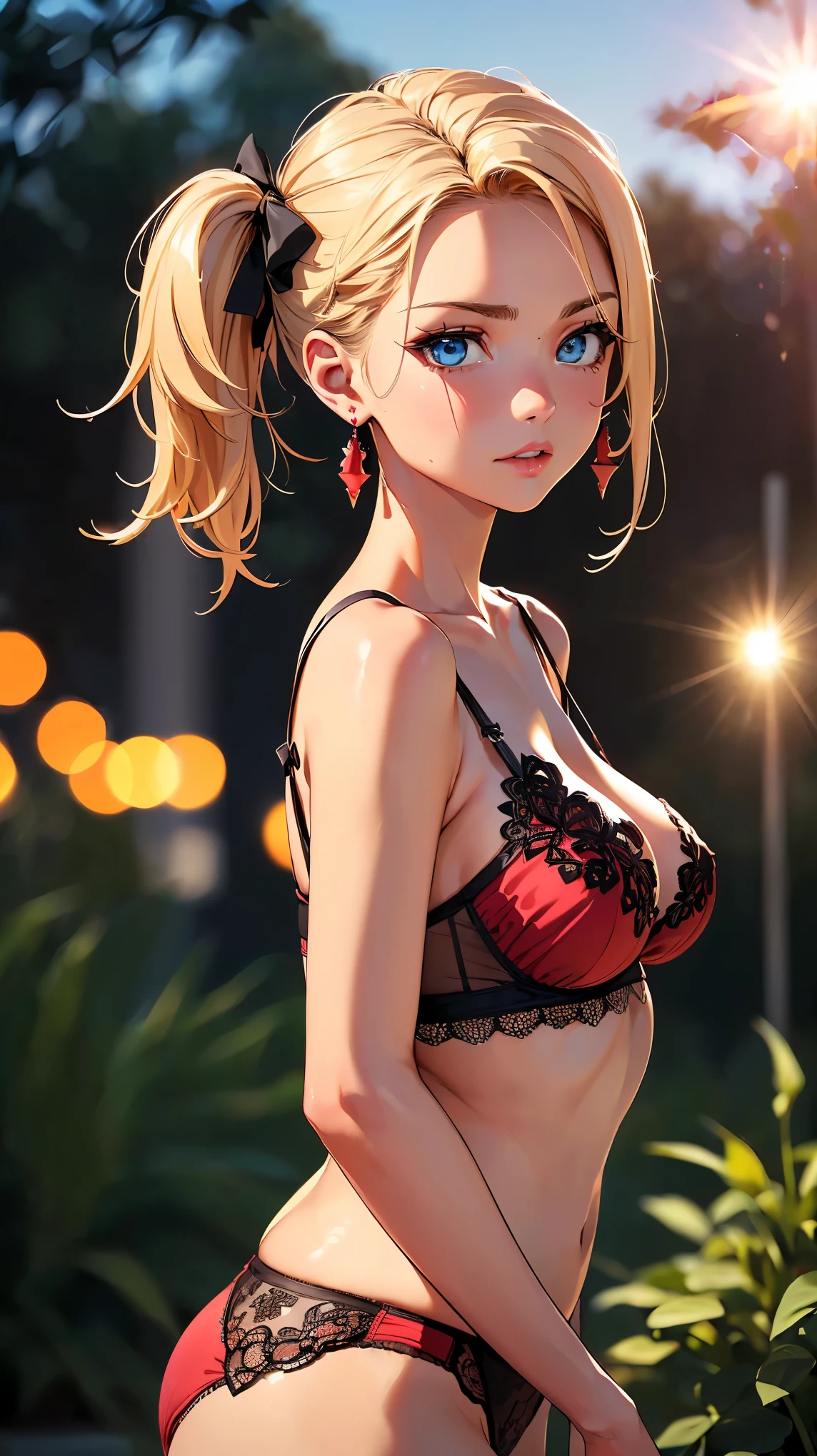 NSFW, (8k, RAW photo, 最high quality, masterpiece:1.2), High-definition RAW color photo, Professional photo shoot, cinematic light, alone, (((young woman))), (detailed expression), (small face), (high detail skin:1.2), clavicle, cute face, beautiful appearance, long eyelashes, (blonde, twin tails, blue eyes), ((blue ribbon, red glowing earrings)), attractive big breasts, (slim body shape:1.4, A woman with a slender figure and big breasts), very detailed顔と肌の質感, fine eyes, double eyelid, (((embarrassing:1.5, anxious look))), ((facing the front:1.2)), (Low - Angle:1.5, photo shootのためポーズをとる, sexy pose)), (magic hour:1.5), pleasure and excitement, sweating:1.37, ((sexy shot, Underwear with delicate decorations, See-through lingerie:1.1, red lingerie)), ((perverted slut:1.1)), garden, garden background:1.5, Pose to take off panties:1.2, (((undressing, panty pull:1.2))), beautiful skin, shiny skin, perfect fingers, five fingers, anatomically correct, background bokeh, high quality, surreal, bright colors, ((f/1.2, Nikon, lens flare, very detailed, photo shoot)),