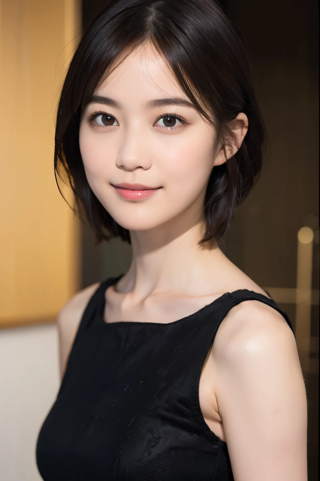 Best-quality, Masterpiece, Ultra-High-Resolution, (Photorealistic:1.4), Raw-Photo, 1girl, solo, 15-years-old, the most famous Japanese idol, portrait, face-focus, sitting on luxury-chair, innocent smile, completely-drunk, extremely cute face like the most popular Japanese idol, (((extremely beautiful big-black-solid-circle-eyes))), extremely beautiful black-short-cut-haired, extremely beautiful long-eyelashes, extremely beautiful lips, extremely beautiful skins, extremely beautiful cleavage, extremely beautiful body, extremely beautiful hands