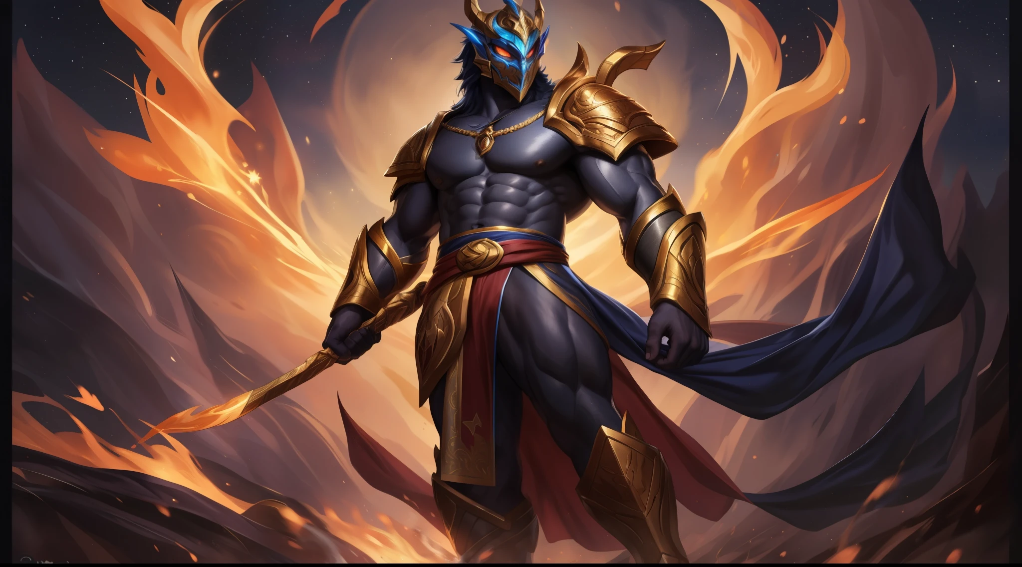 solo, male, humanoid, ((detailed cloth, stars, muscular body)), (brown fur, majestic print), ((black body)), white mask, (gold helmet), glowing eyes, Dragon mask, detailed teeth, detailed face, detailed fluffy fur, detailed face, detailed eyes, gold accessories detailed body, robes, armor, detailed face, detailed eyes, dark blue slack pants, sash, gold trimming, armor, red undershirt, red shirt, full body, league of legends splash art, official splash art, riot games concept art, arcana skin, splash art,