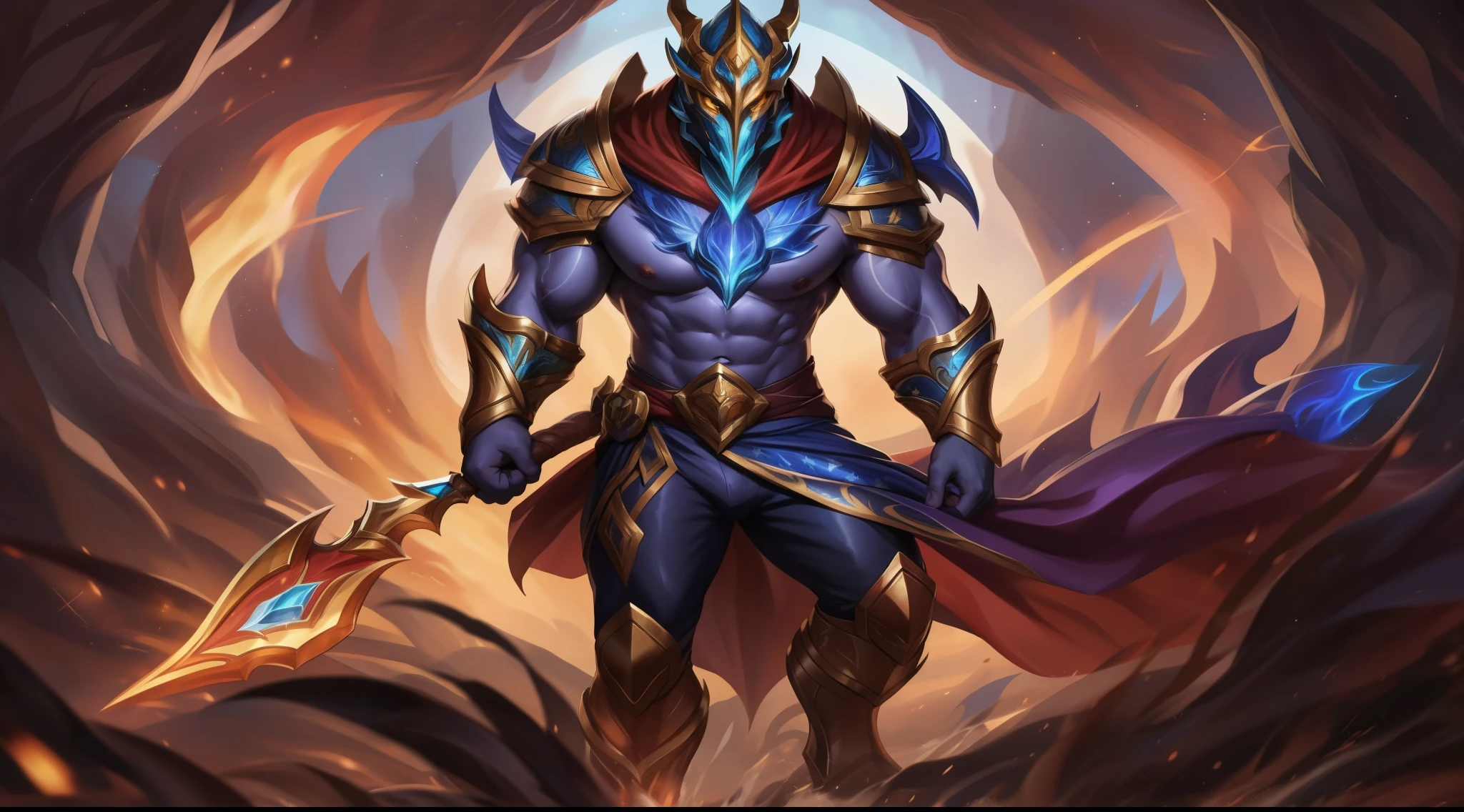 solo, male, humanoid, ((detailed cloth, stars, muscular body)), (brown fur, majestic print), black body, white mask, gold helmet, glowing eyes, Dragon mask, detailed teeth, detailed face, detailed fluffy fur, detailed face, detailed eyes, detailed body, robed armor, detailed face, detailed eyes, dark blue slack pants, sash, gold trimming, armor, red undershirt, red shirt, full body, league of legends splash art, official splash art, riot games concept art, arcana skin, splash art,