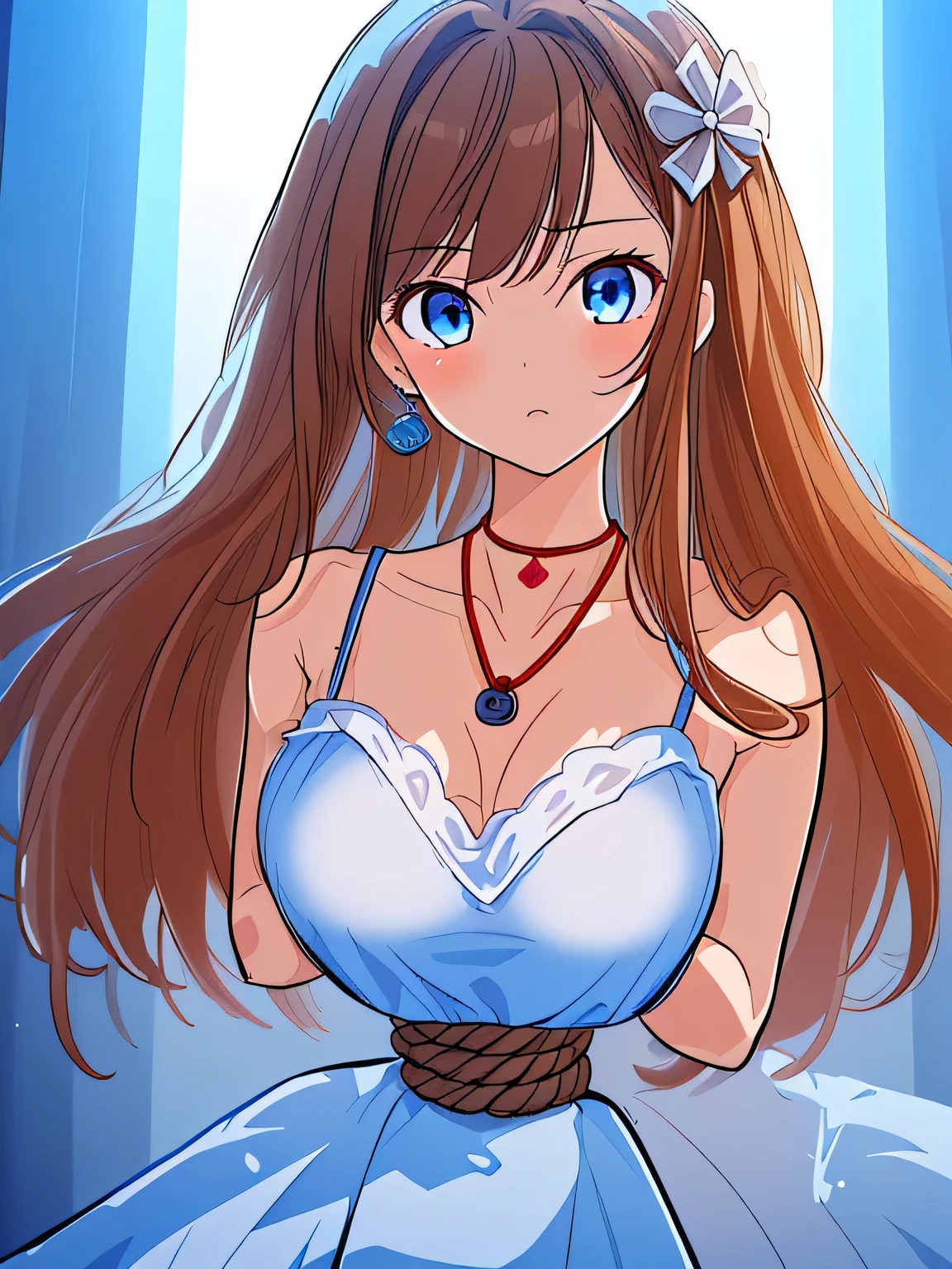 ((masterpiece)), ((highest quality)), (super detailed), torture chamber,(((Waist bound tightly with rope))),pretty girl, 1 girl, alone,white tank top one piece dress,beautiful brown hair, (beautiful blue eyes), long hair, expression of agony