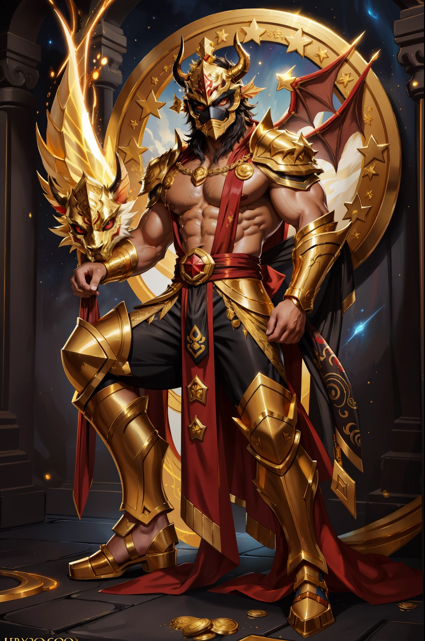 solo, male, humanoid, (detailed cloth, stars, muscular body), (brown fur, majestic print), (black body), white mask, (gold helmet), glowing eyes, Dragon mask, detailed teeth, detailed face, detailed fluffy fur, detailed face, detailed eyes, gold accessories detailed body, robes, armor, detailed face, detailed eyes, red collar, red slack pants, gold markings, sash, gold trimming, armor, red undershirt, red shirt, full body, league of legends splash art, official splash art, riot games concept art, arcana skin, splash art, gold stars, gold decal,