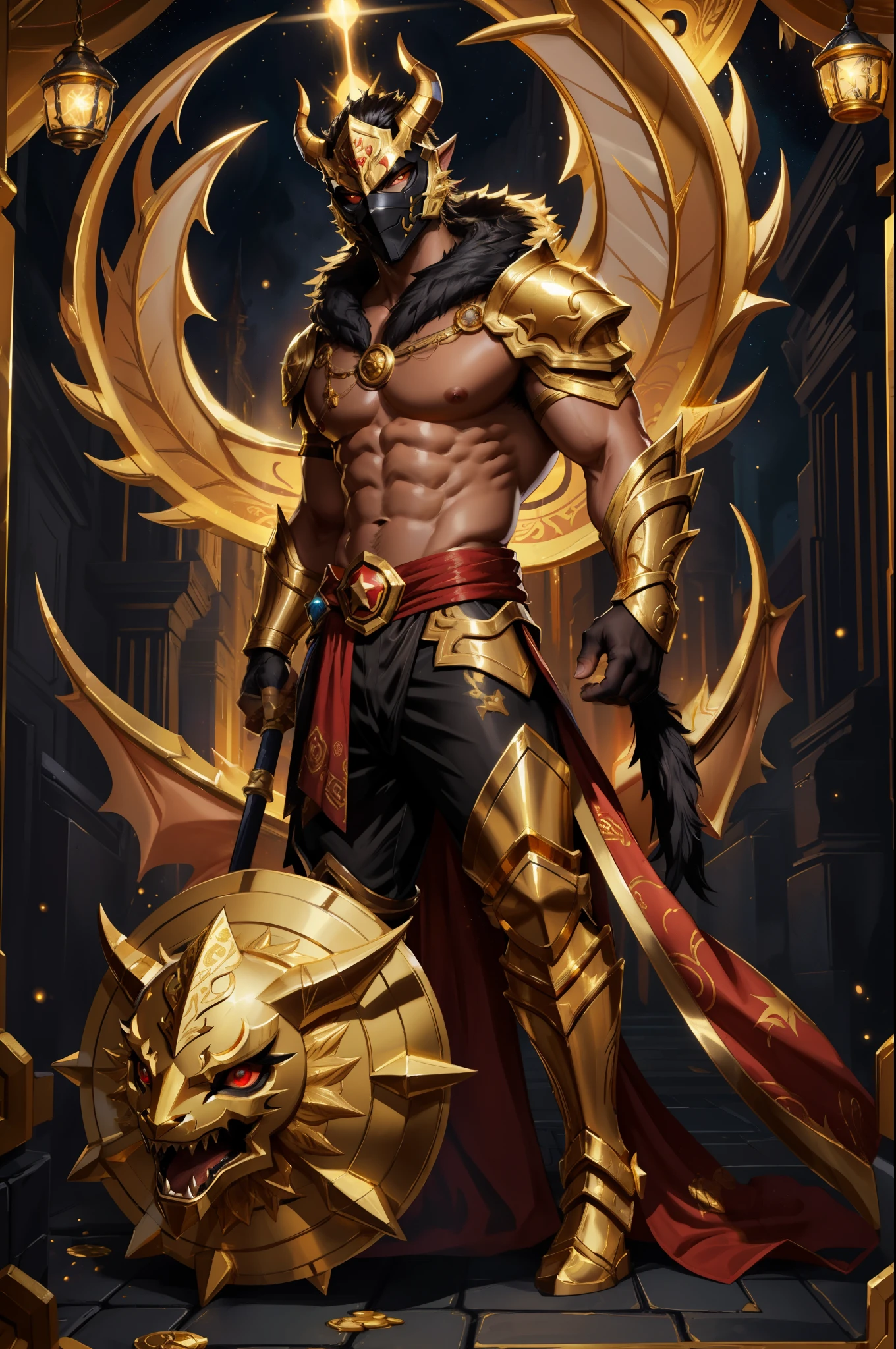 solo, male, humanoid, (detailed cloth, stars, muscular body), (brown fur, majestic print), (black body), white mask, (gold helmet), glowing eyes, Dragon mask, detailed teeth, detailed face, detailed fluffy fur, detailed face, detailed eyes, gold accessories detailed body, robes, armor, detailed face, detailed eyes, red collar, red slack pants, gold markings, sash, gold trimming, armor, red undershirt, red shirt, full body, league of legends splash art, official splash art, riot games concept art, arcana skin, splash art, gold stars, gold decal,